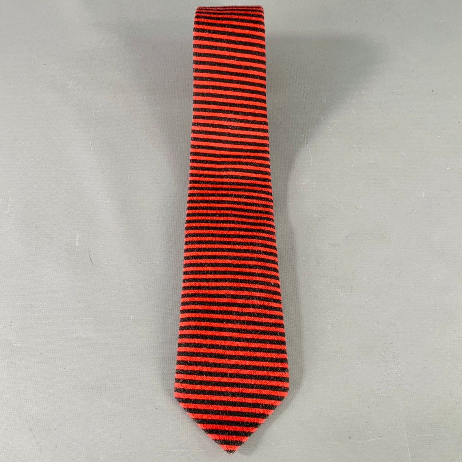 Adam Kimmel ADAM KIMMEL Red Black Stripe Cotton Skinny Tie Size ONE SIZE - 2 Thumbnail