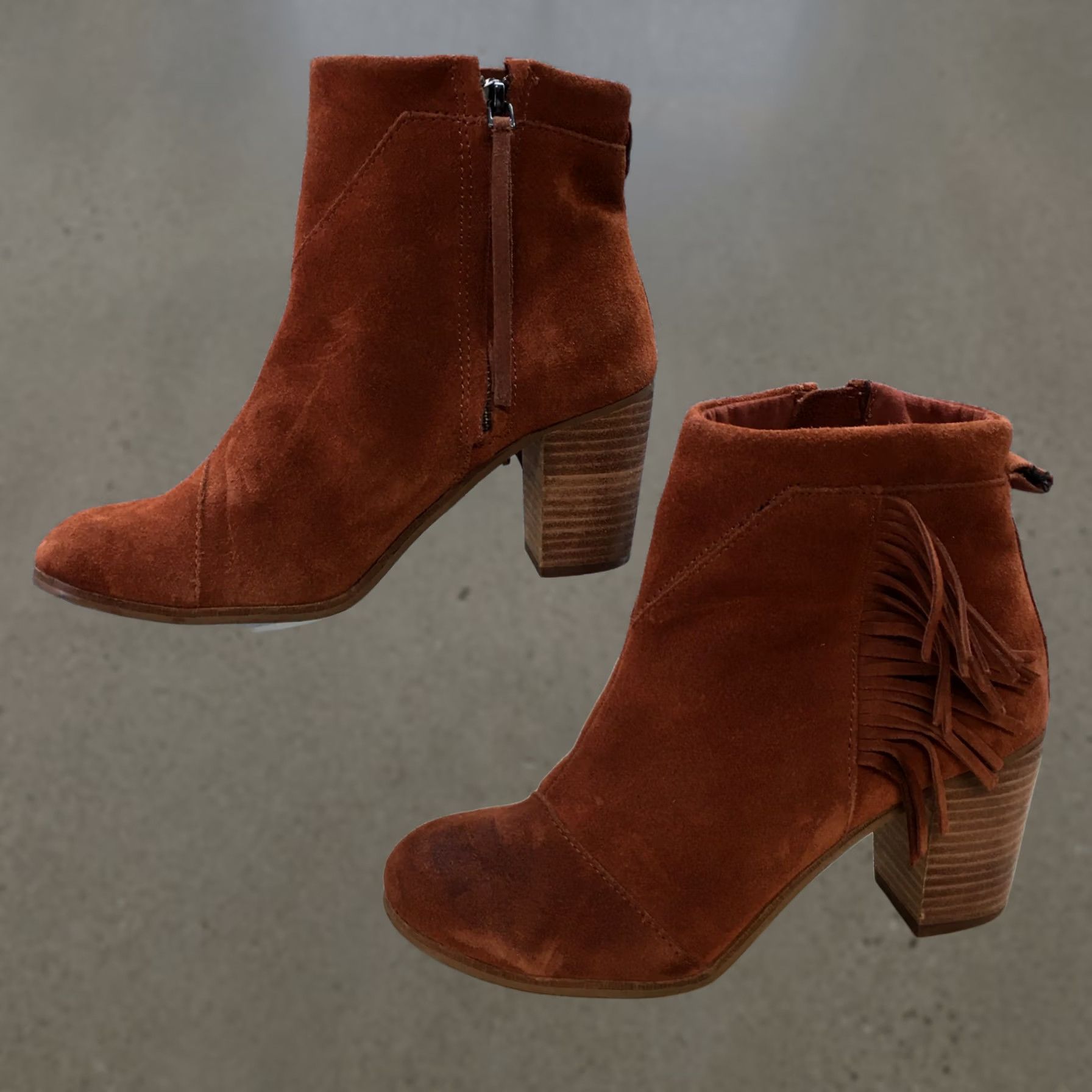 Toms TOMS Lunata Fringe Zip Ankle Bootie Brown Suede Heels Boots Womens 8.5 Foo d 3" Heel Casual Size US 9 / IT 39 - 1 Thumbnail