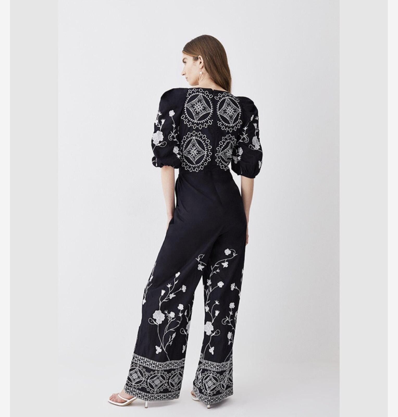 Other Karen Millen Floral Embroidered Woven Black/White Jumpsuit Size 32" / US 10 / IT 46 - 2 Thumbnail