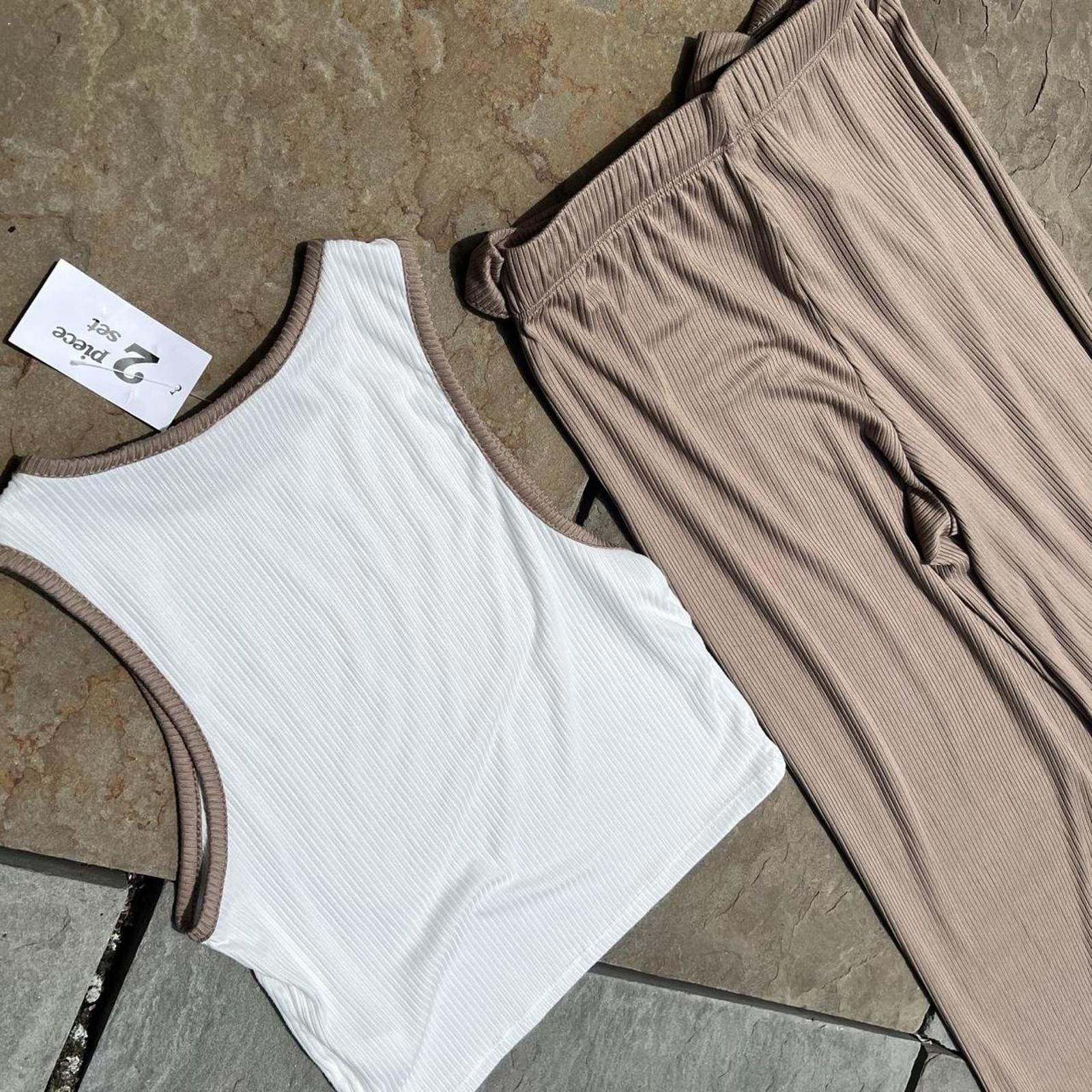 Other NWT 2 Piece White/Brown Tank Top + Flowy Pants Made in USA Size 32" / US 10 / IT 46 - 6 Thumbnail