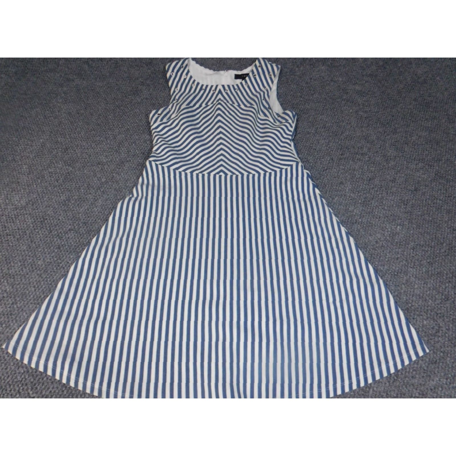 Vintage Sangria Dress Womens A-Line Knee Length Blue Stripe Knit Cotton Mock Neck Puff Sleeve Zip Casual 8 8 Womens Size M / US 6-8 / IT 42-44 - 2 Thumbnail