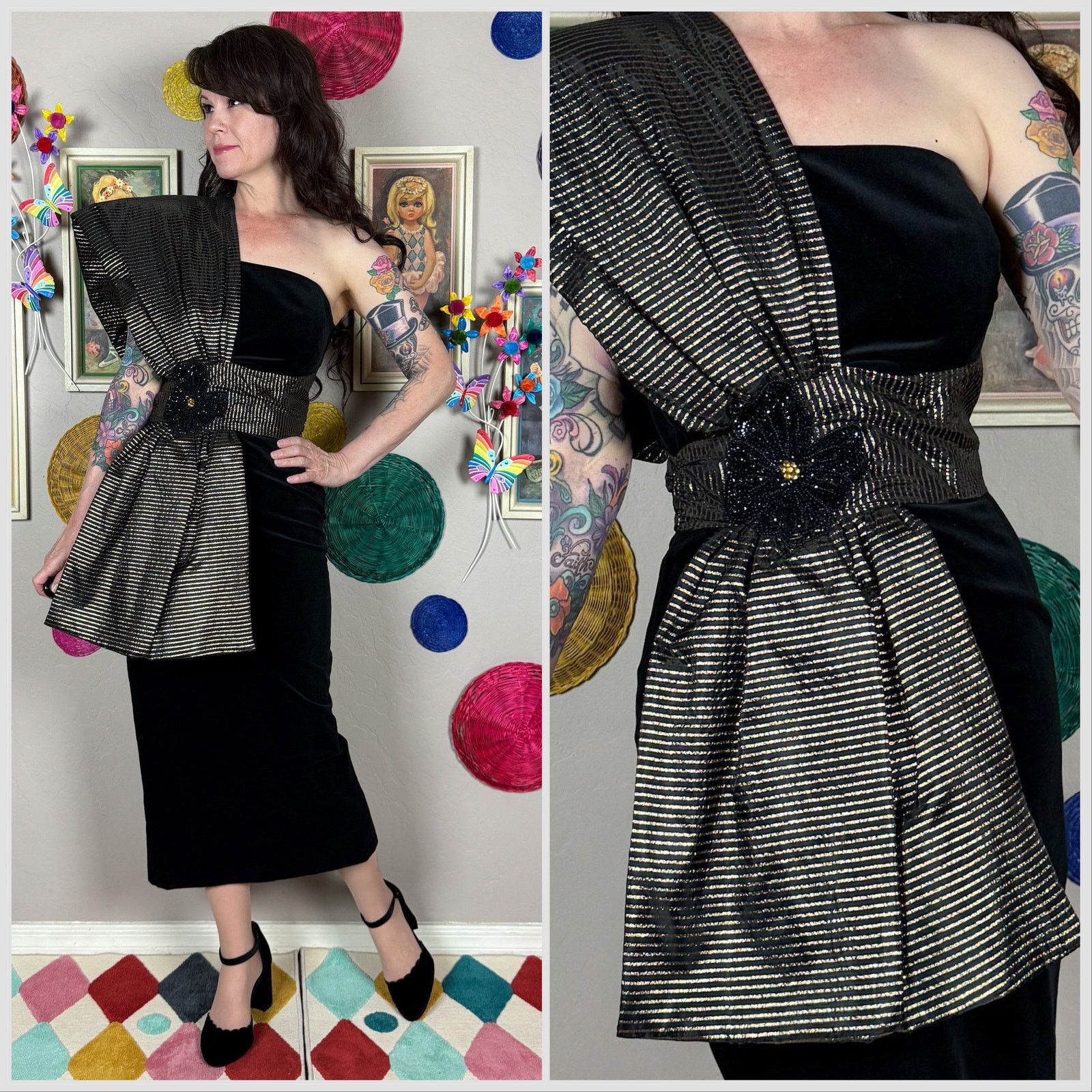 Vintage 1980s Black Velvet Gold Striped Bow One Shoulder Dress Size XS / US 0-2 / IT 36-38 - 1 Thumbnail