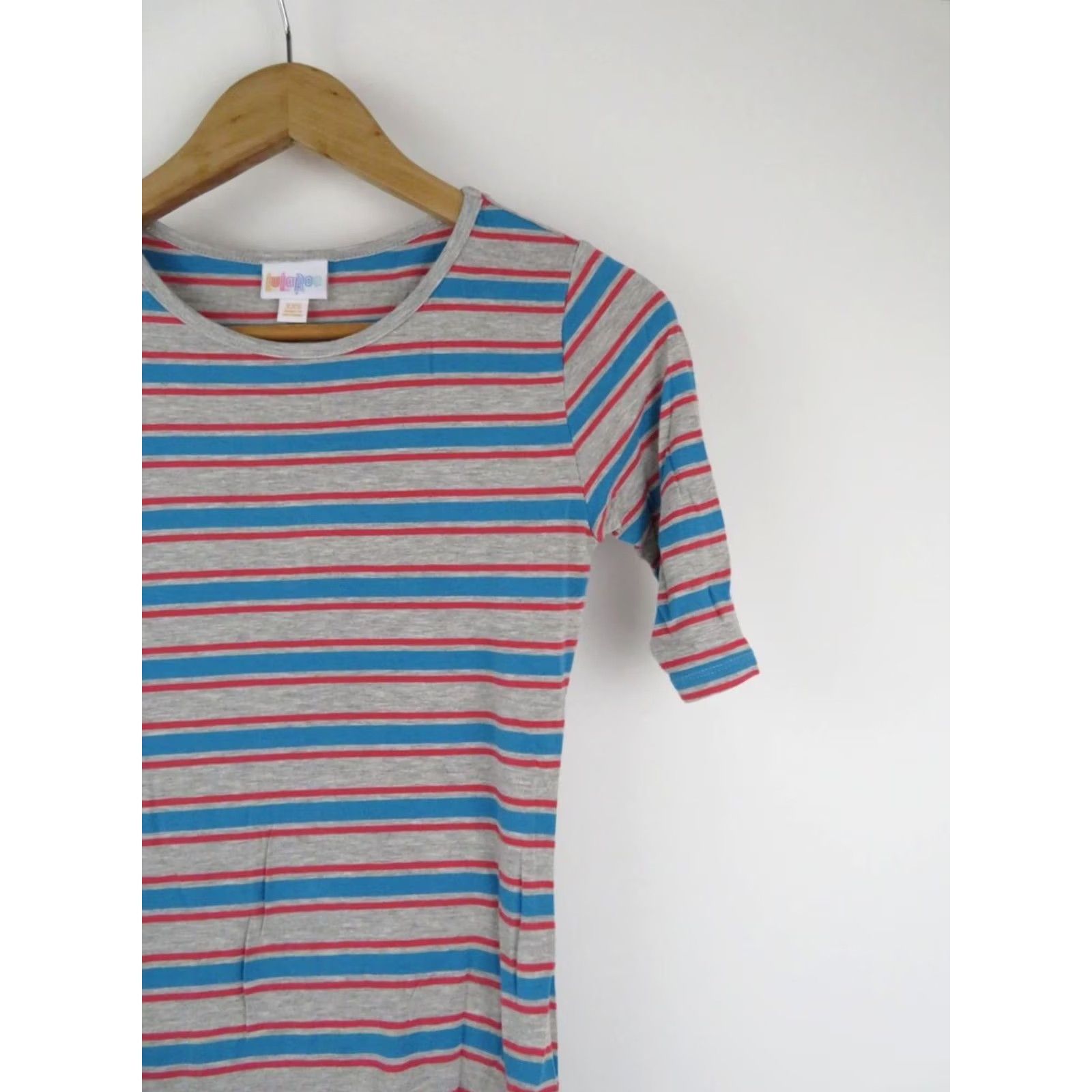 Vintage LuLaRoe Julia Dress Striped Bodycon XXS Gray Red Blue Knit Knee Length Dress Womens Small XS? Size XXS / US 00 / IT 34 - 2 Thumbnail
