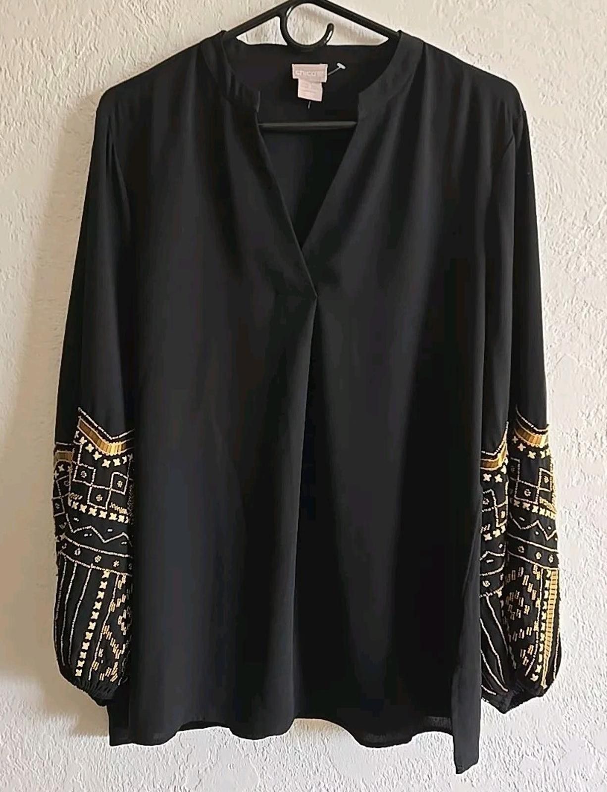 Chicos Chico's sz 2 V-Neck Black Blouse Top Gold Beaded Embellished Size L / US 10 / IT 46 - 1 Thumbnail