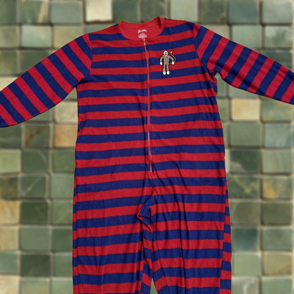 Vintage Nick & Nora Adult 1-Pc. Sock Monkey Fleece Footed Sleepwear Large Red & Blue Womens Boys Girls Mens Size L / US 10 / IT 46 - 1 Thumbnail