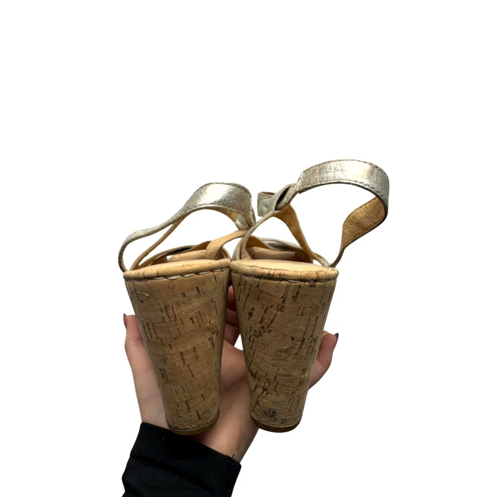 Born BORN Sandal Women 7 Silver Leather Cork Wedge Strappy Open-Toe Size US 7 / IT 37 - 2 Thumbnail