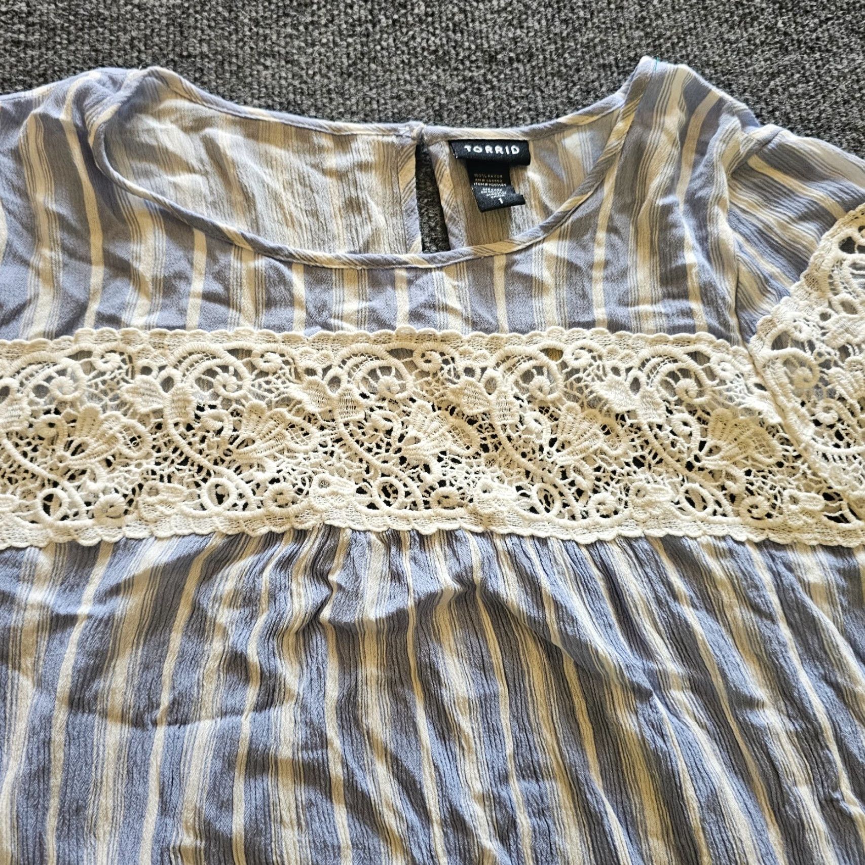 Torrid Torrid Top Womens 1X Blue White Striped Crochet Trim 3/4 Sleeve Boho Casual Shirt Size XL / US 12-14 / IT 48-50 - 2 Thumbnail