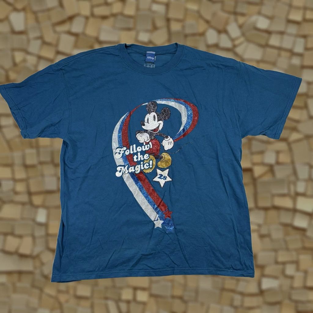 Disney VINTAGE Disney Mickey Mouse Follow The Magic XL T Shirt Sparkle Glitter Puff Paint Blue Size US XL / EU 56 / 4 - 1 Thumbnail