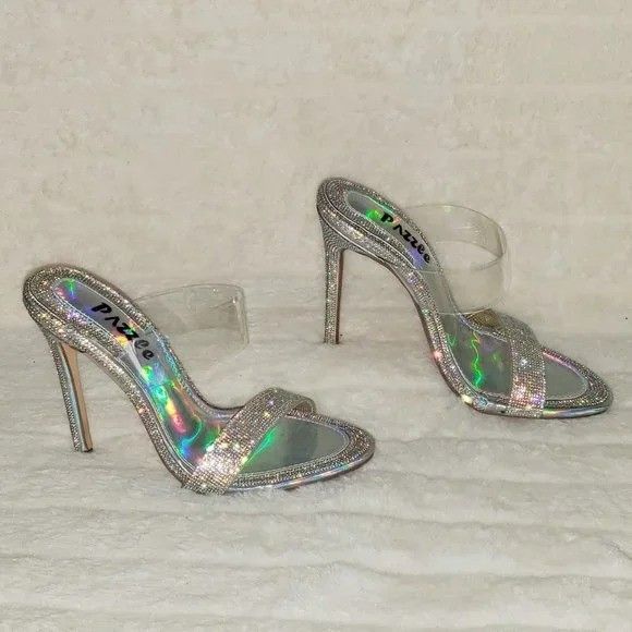 Other Lee Silver Hologram Rhinestone Slip On Double Strap High Hee Size US 10 / IT 40 - 1 Thumbnail