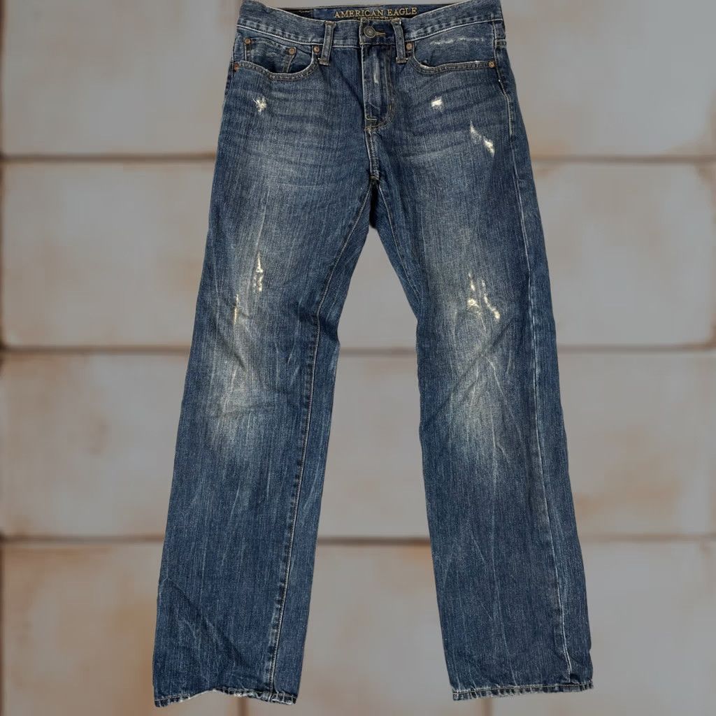 American Eagle Outfitters American Eagle Relaxed Straight Jeans Mens 29x32 Blue Distressed Denim Size US 29 - 1 Thumbnail