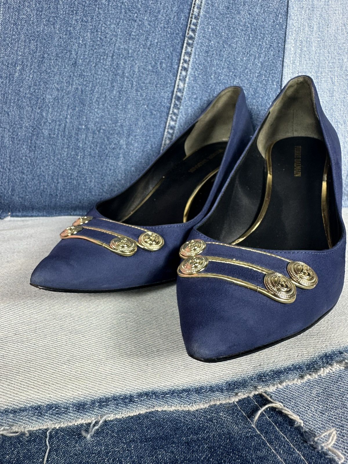 Pierre Balmain Pierre Balmain Heels Suede Blue Shoes Gold Hardware Pins Size US 11 / IT 41 - 17 Thumbnail