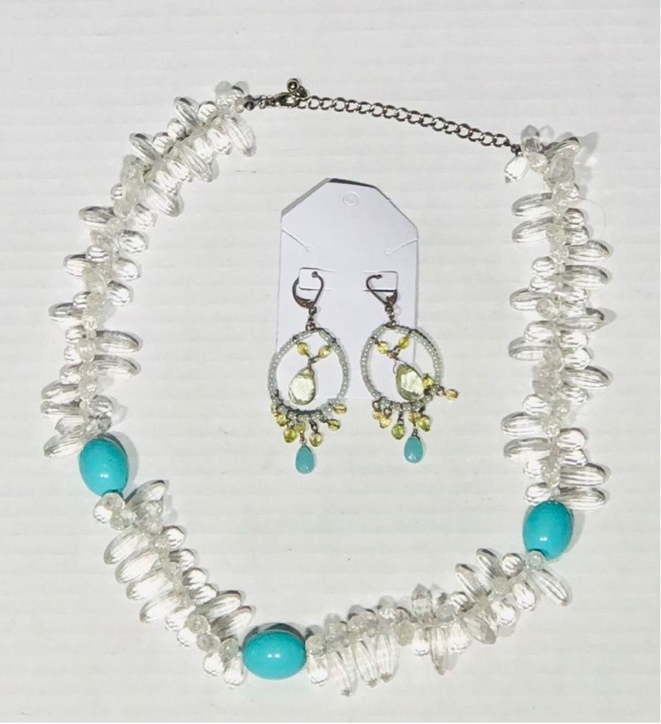 Vintage Beaded Silver Chain Necklace Earring Set Clear Turquoise Size ONE SIZE - 1 Thumbnail