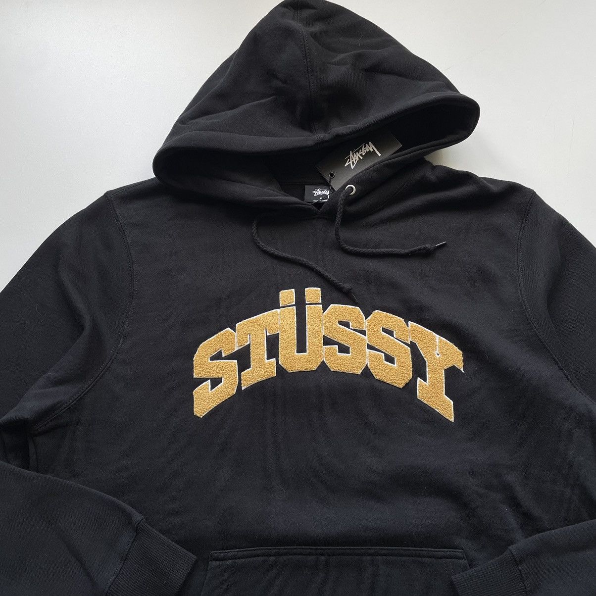 Rare Stussy Stussy Chenille Arch Spell Out Hoodie Black Medium Rare Grailed