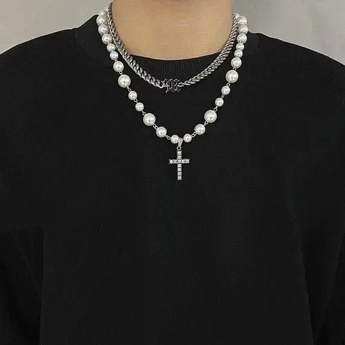 Jewelry Rhinestone Cross Pearl Pendant Necklace Size ONE SIZE - 1 Thumbnail