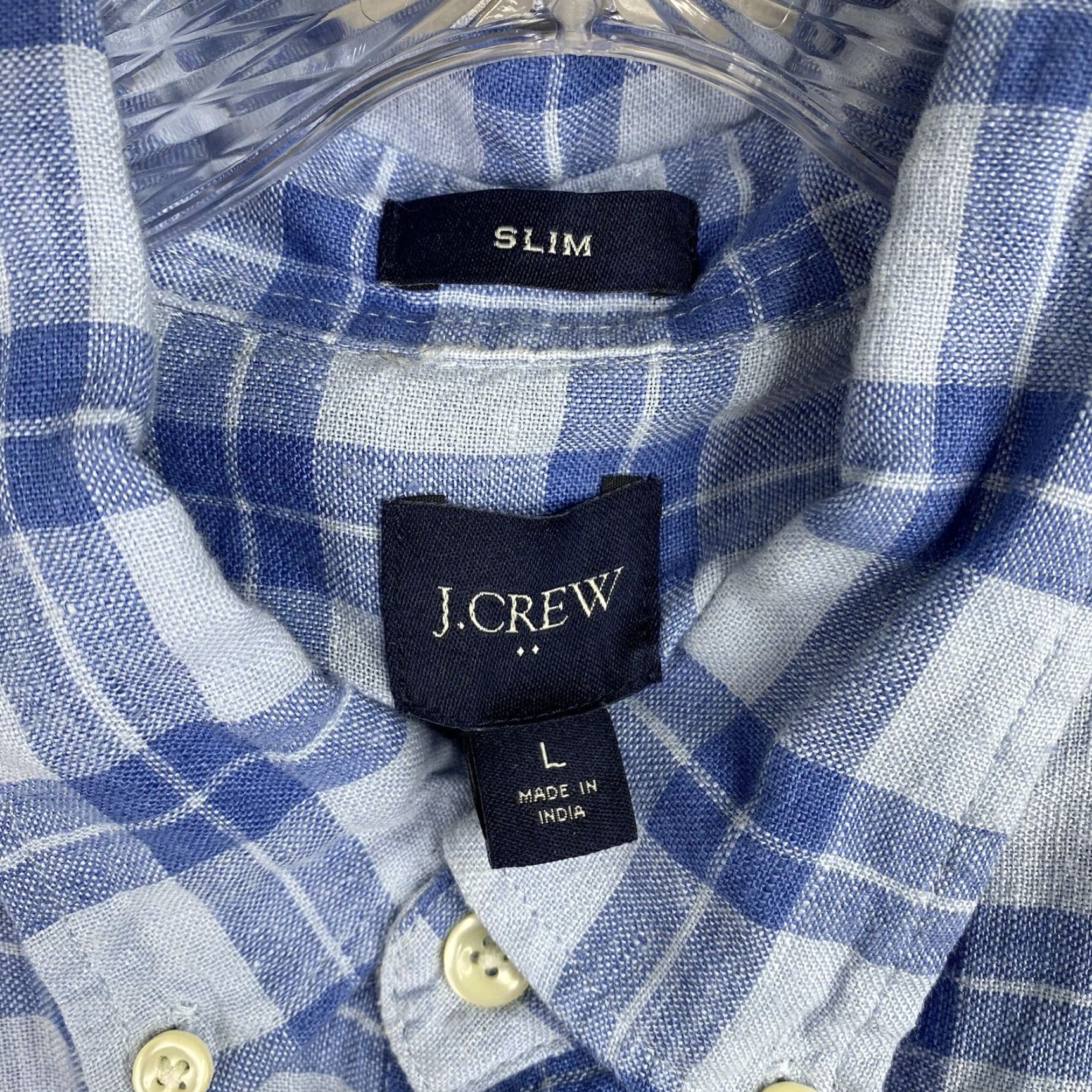 J. Crew Shirt Mens L Slim Fit Blue Plaid Linen Blend Button Down Dress Shirt  L