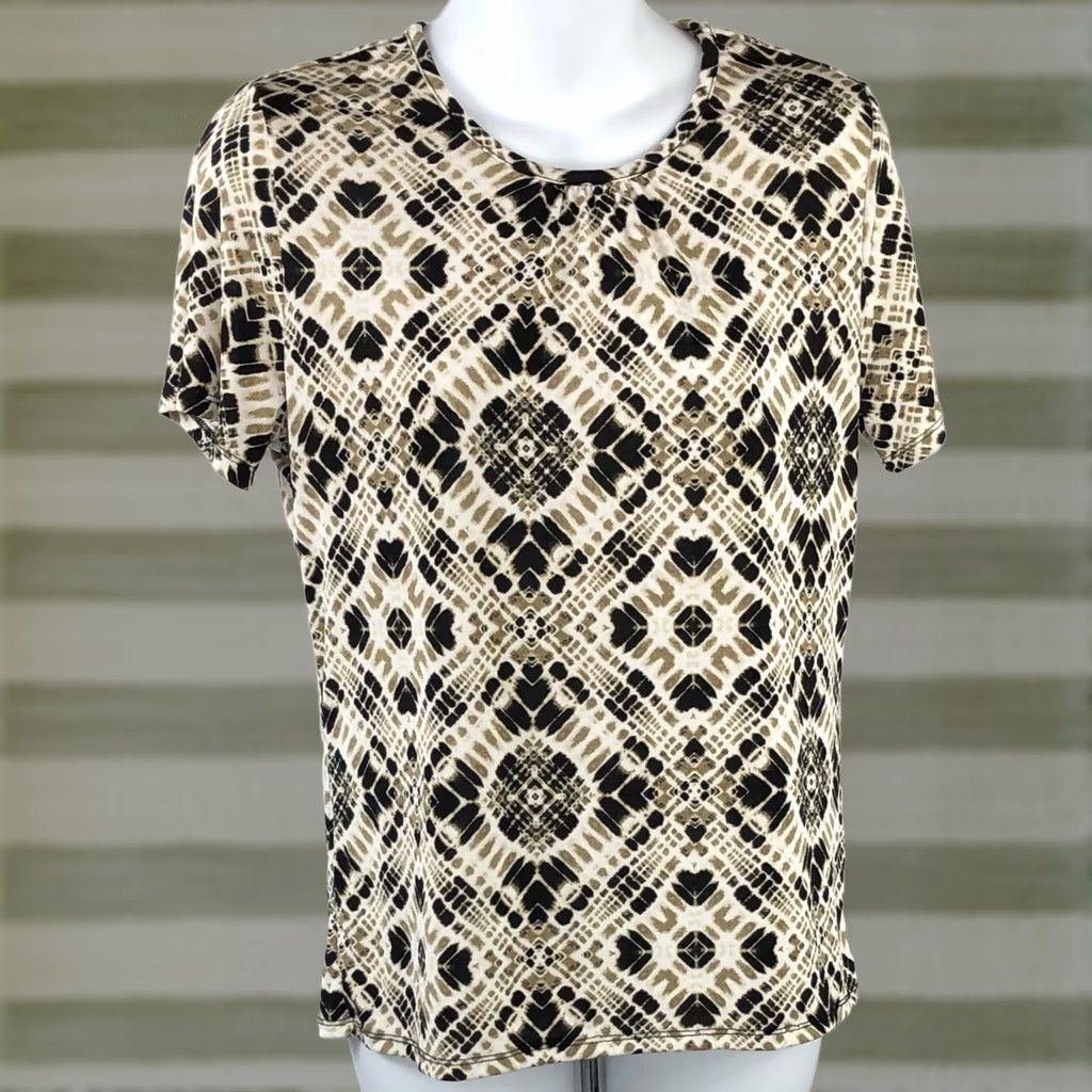 Vintage Jaclyn Smith T-Shirt S Tan Blk multi geo short sleeve Hippie 2000s Boho Womens Size S / US 4 / IT 40 - 1 Thumbnail