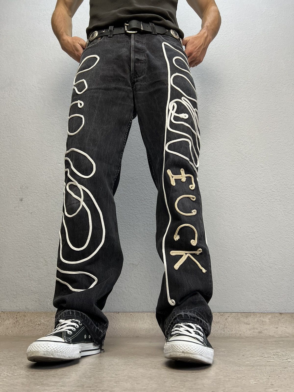 Levi's × Levi's Vintage Clothing Levis 501 Custom Skeleton Jeans Denim FUCK DISTRESSED PANTS Size US 32 / EU 48 - 4 Thumbnail