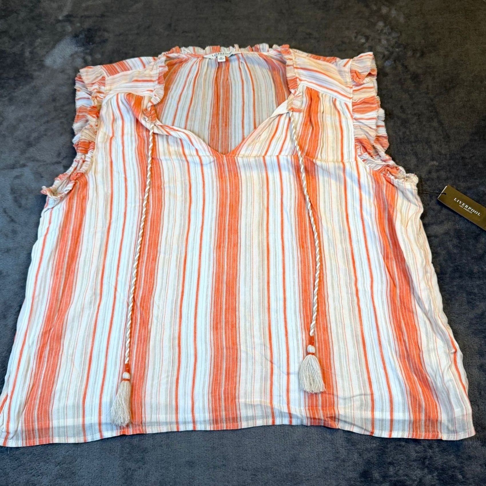 Vintage Liverpool Striped Blouse Sleeveless Womens XL Orange V-Neck Ruffle Tassel Boho Shirt Blouse Womens Size XL / US 12-14 / IT 48-50 - 3 Thumbnail