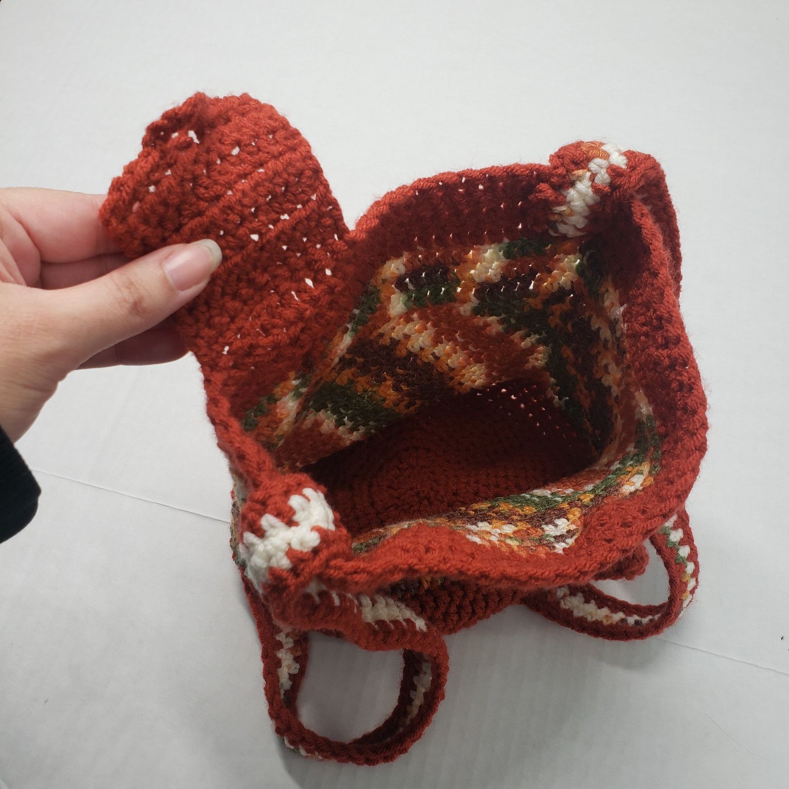 Handmade Striped Crochet Crossbody Bucket Bag Brown Small Handmade Size ONE SIZE - 12 Thumbnail