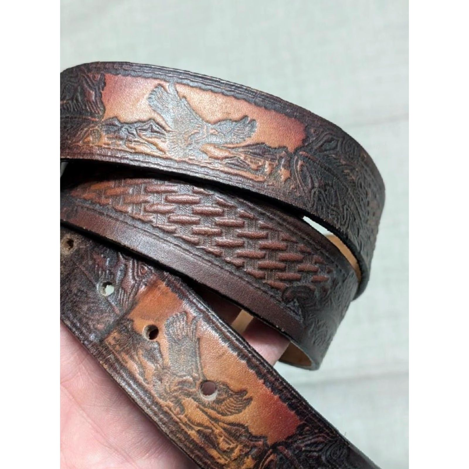 Vintage VINTAGE TOOLED buckle belt EAGLE leather 36 america WESTERN harley USA cowhide Size 36 - 2 Thumbnail