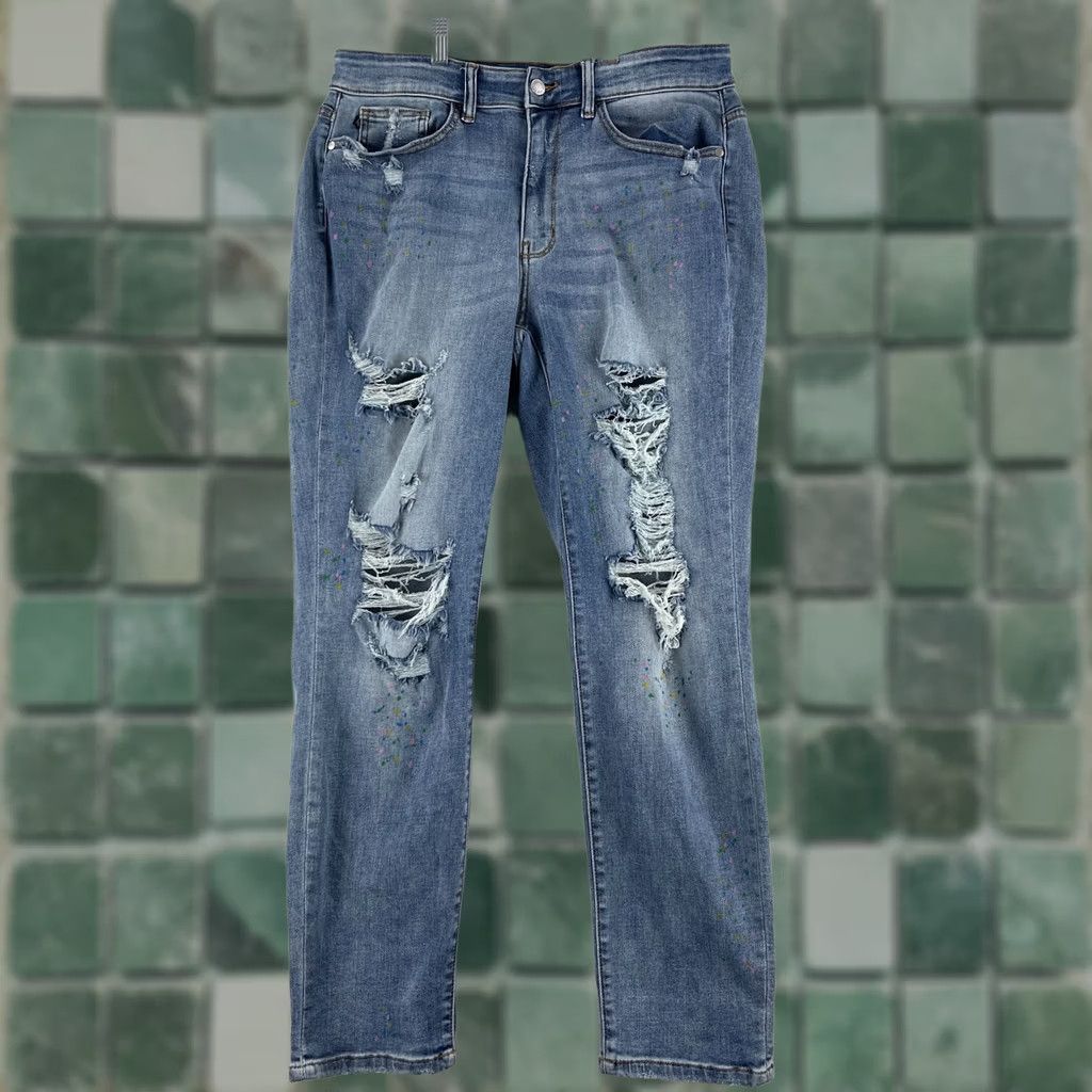 Denime Judy Blue Boyfriend Jeans Womens Size 14W Blue Denim Paint Splatter Distressed Jeans - 5-Pocket, High Rise, Inseam 29" - Plus Size, Regular Fit Size 36" / US 14 / IT 50 - 1 Thumbnail