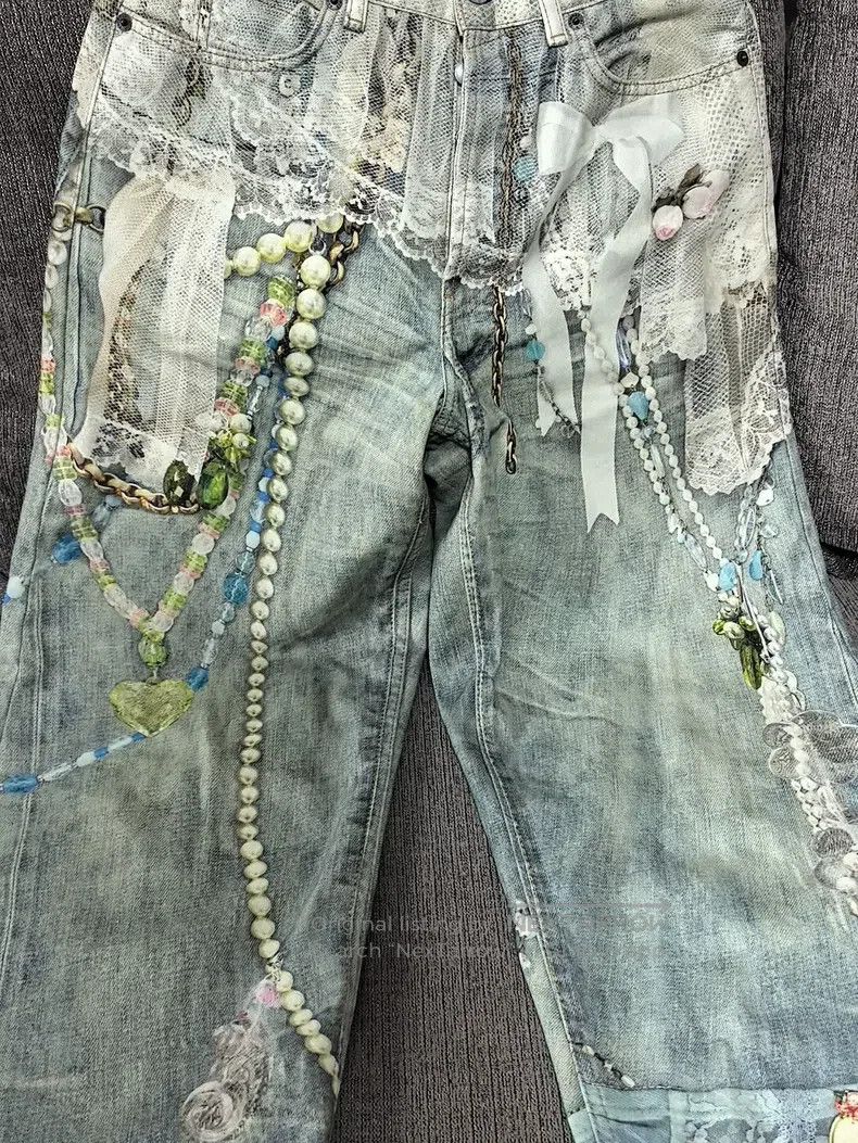 Acne Studios Acne Studios Denim Pants with Lace, Pearl Chain & 3D Print Size US 30 / EU 46 - 2 Thumbnail
