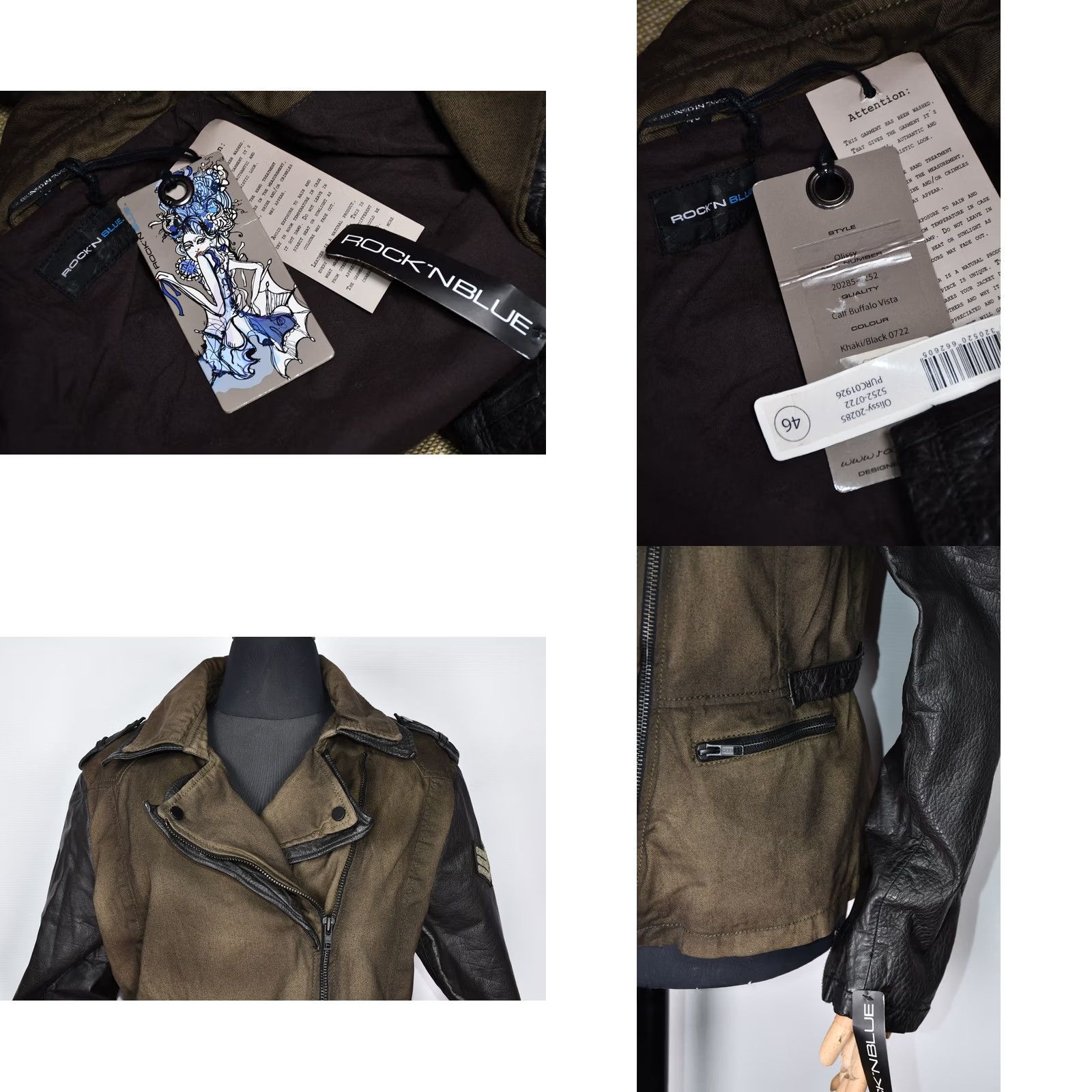 Vintage Rock’N Blue Jacket Women's XL Biker Green 100% Cotton / 100% Leather Long Sleeve Zip Military Inspired? Size XL / US 12-14 / IT 48-50 - 8 Thumbnail