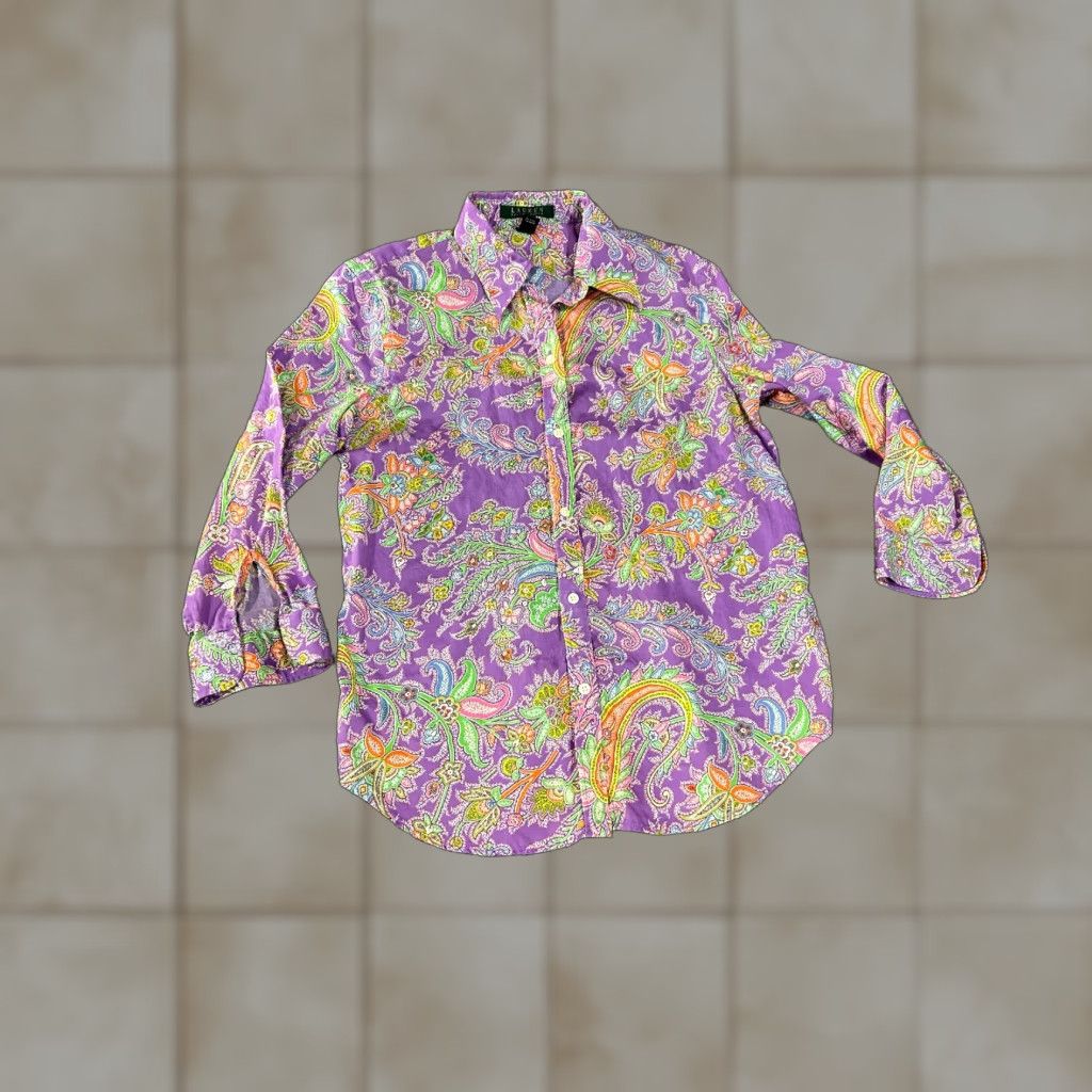 Ralph Lauren Lauren Ralph Lauren blouse Womens Small purple multicolor paisley button front Size S / US 4 / IT 40 - 1 Thumbnail
