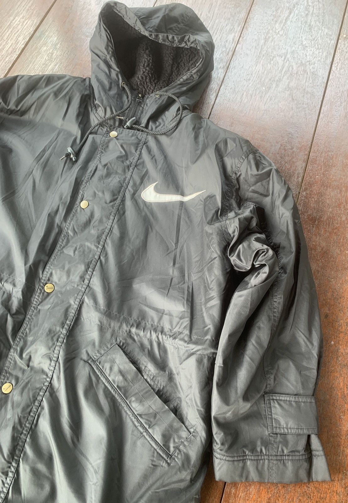 Nike × Vintage 90s Nike big swoosh logo sherpa lining long hoodie jacket Size US M / EU 48-50 / 2 - 3 Thumbnail
