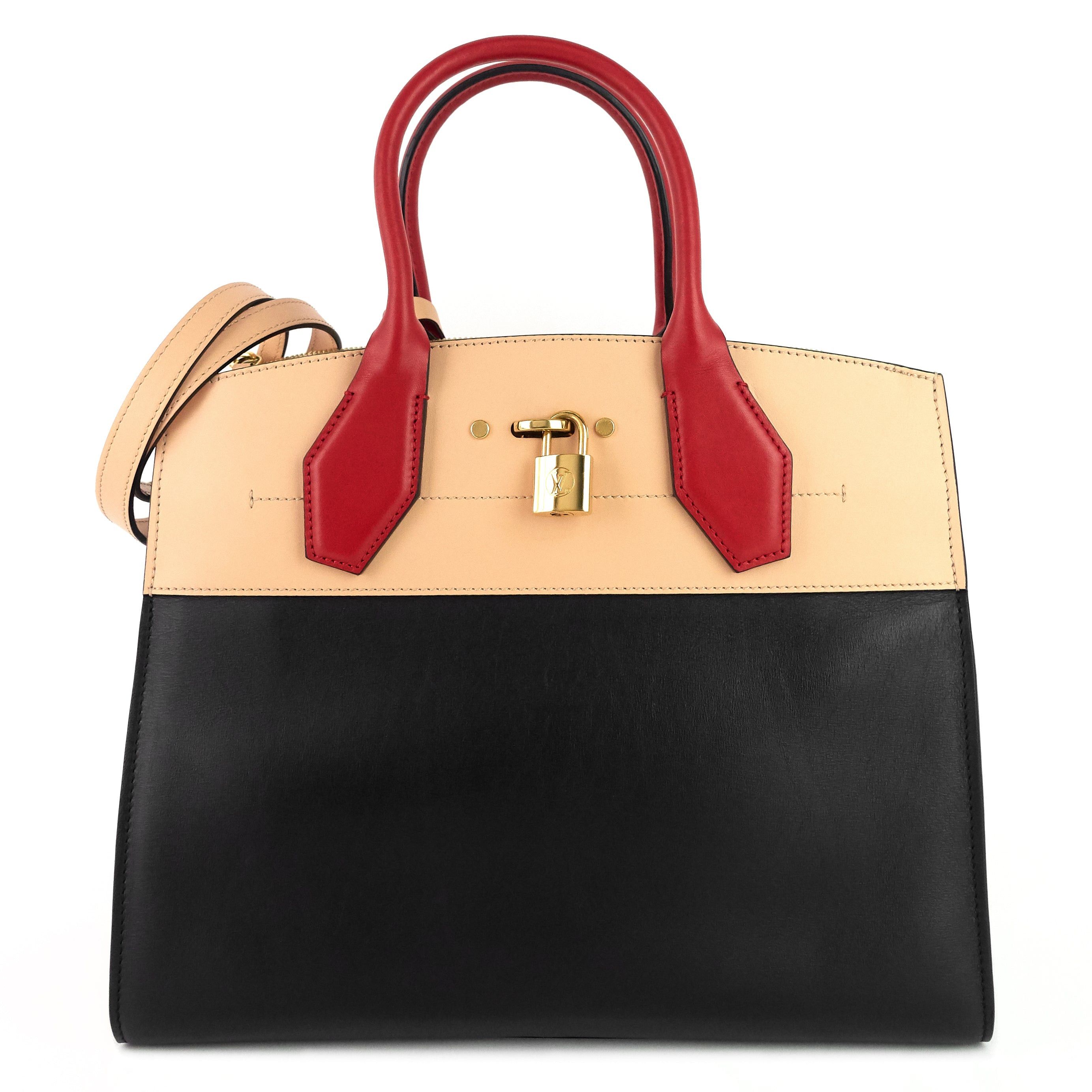 image of Louis Vuitton City Steamer Mm Black Creme Bourgogne Calfskin Tote Bag, Women's