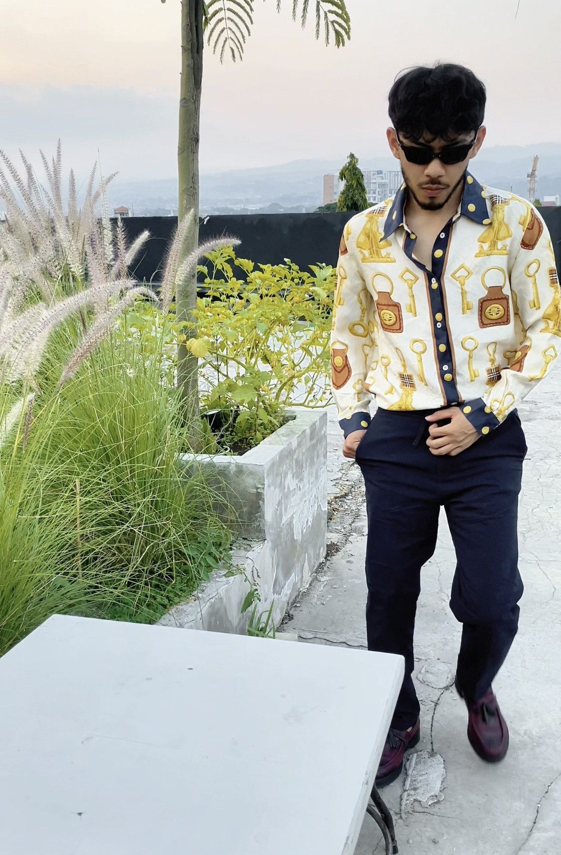 Vtg Burberry Silk Baroque Print Shirt