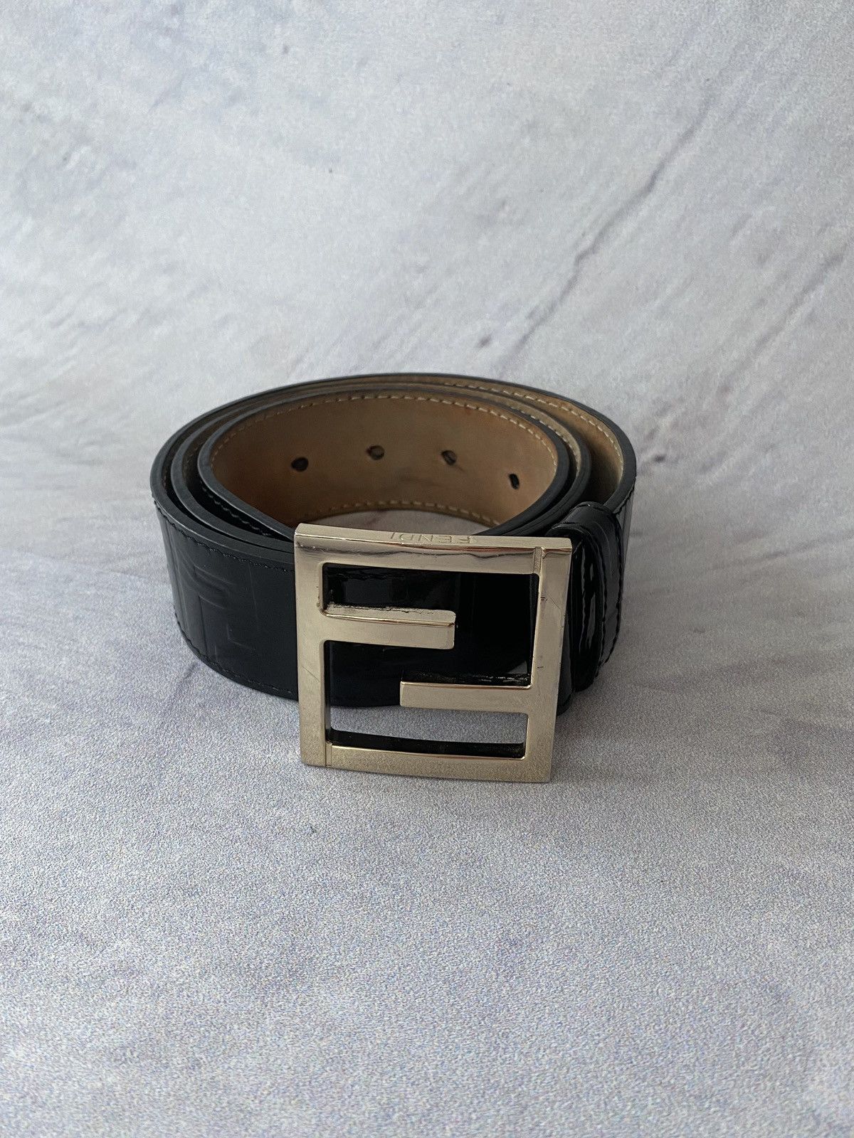 image of Fendi Ff Zucca Leather Belt in Black, Men's (Size 30)