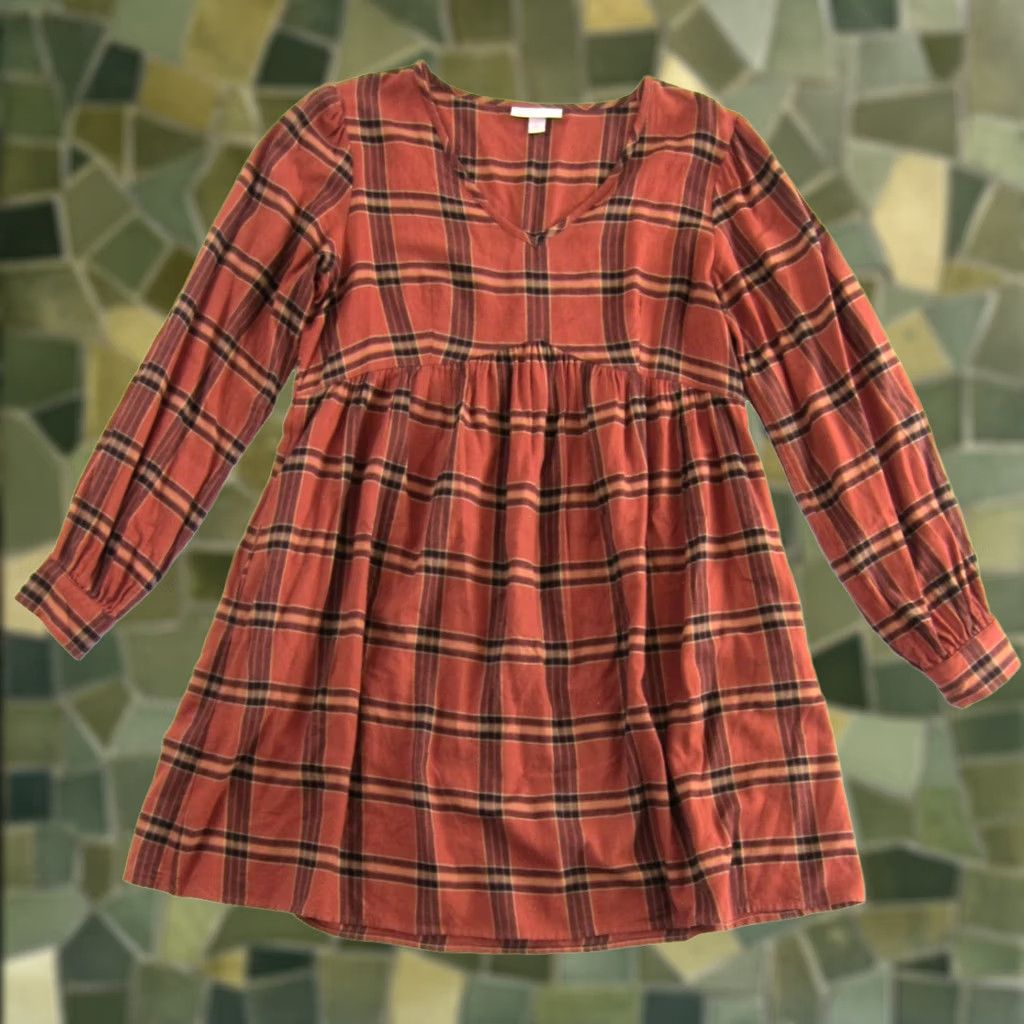 Vintage Knox Rose Orange Black Plaid Flannel V-Neck Long Sleeve Pocket Smock Dress M Size M / US 6-8 / IT 42-44 - 1 Thumbnail