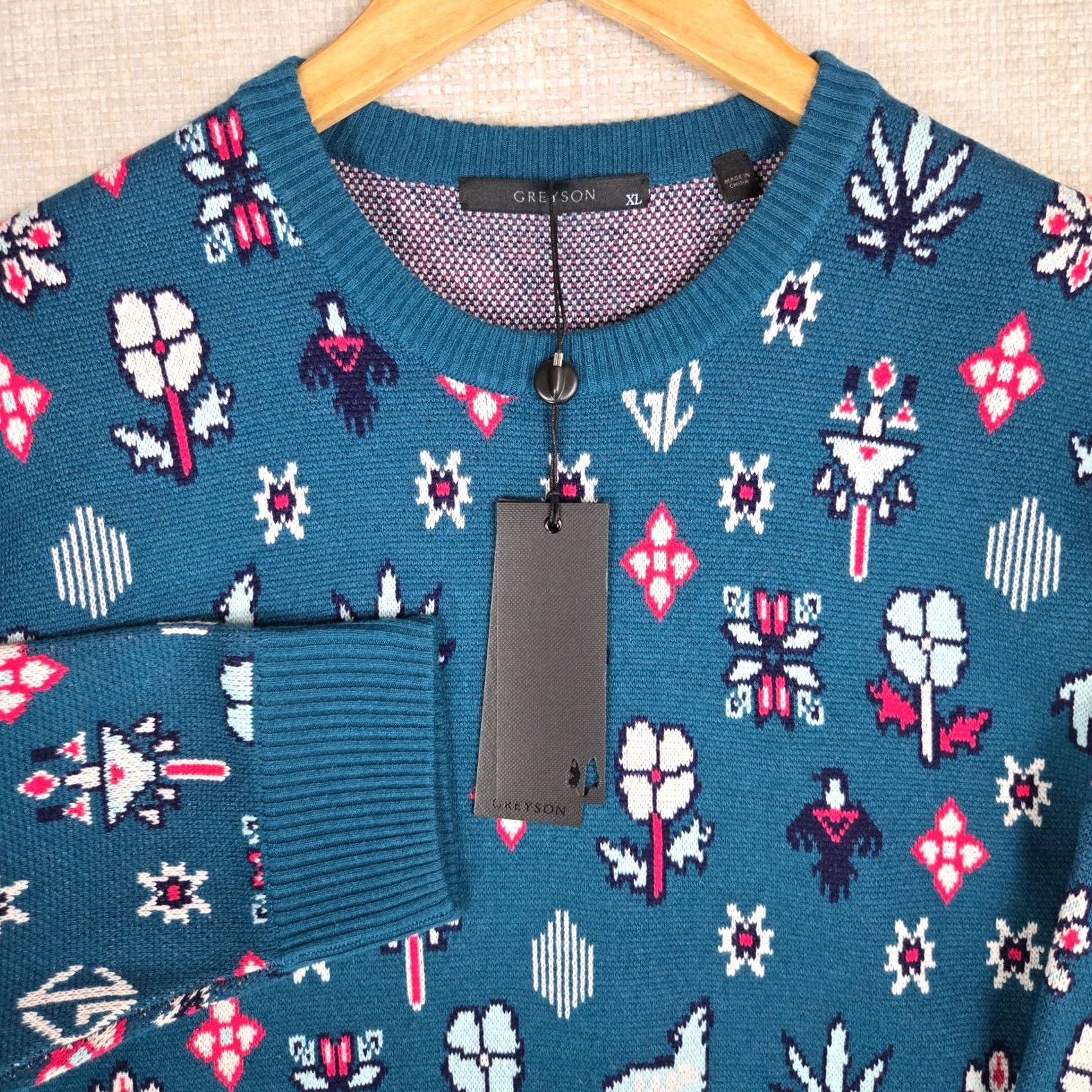 Vintage Greyson Mens Crew Neck Wool/Cashmere Blend Sweater XL Sea Green Casual All Seasons Geometric Aztec Western Theme Pullover Long Sleeve Regular Fit Size US XL / EU 56 / 4 - 3 Thumbnail