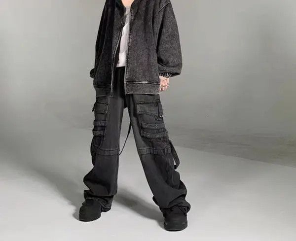 VIBE Heavy washed street style long strap wide leg jeans Size US 33 - 8 Thumbnail