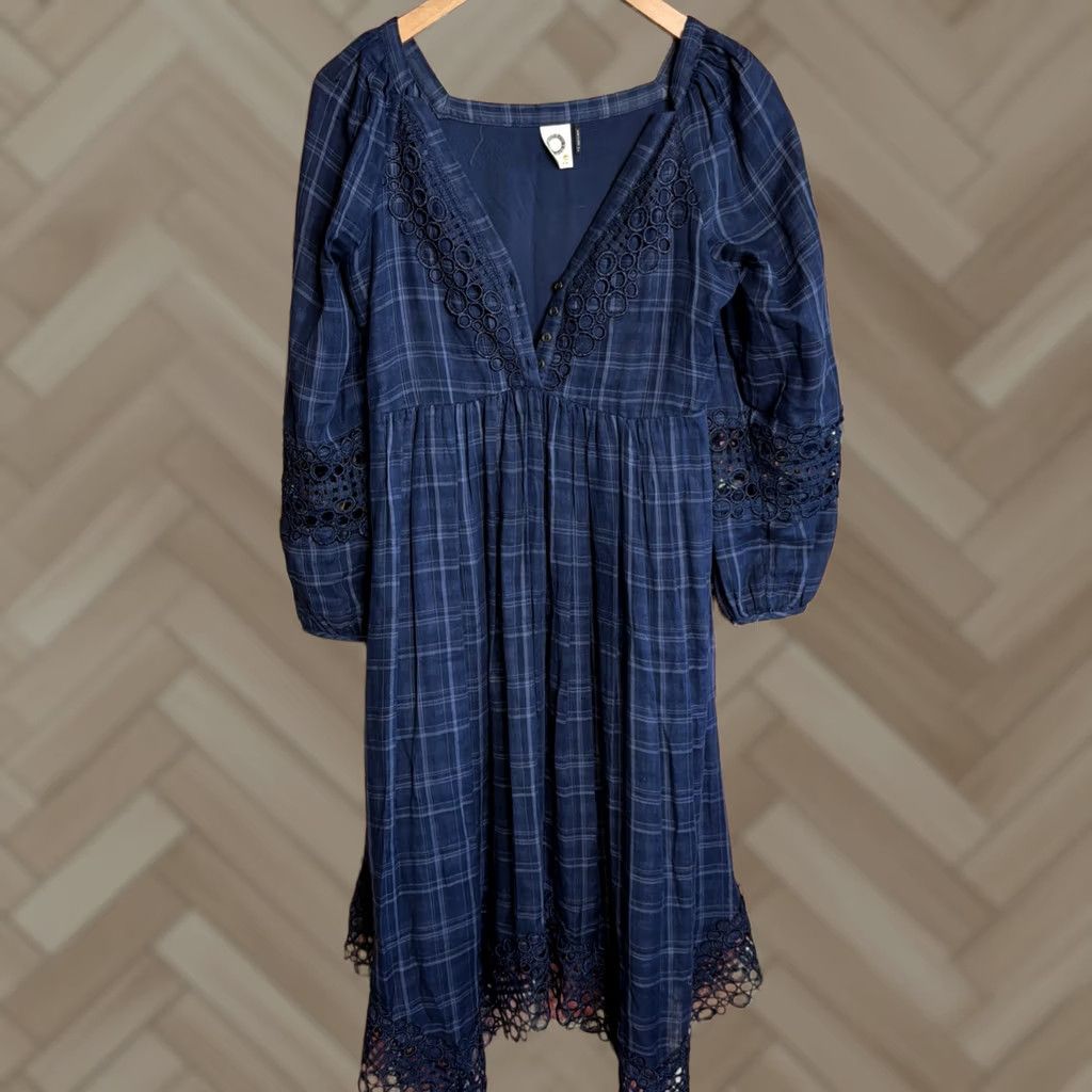 Anthropologie Akemi + Kin Anthropologie Navy Blue Plaid Lace Peasant Midi Dress Sz 0 Size XS / US 0-2 / IT 36-38 - 1 Thumbnail