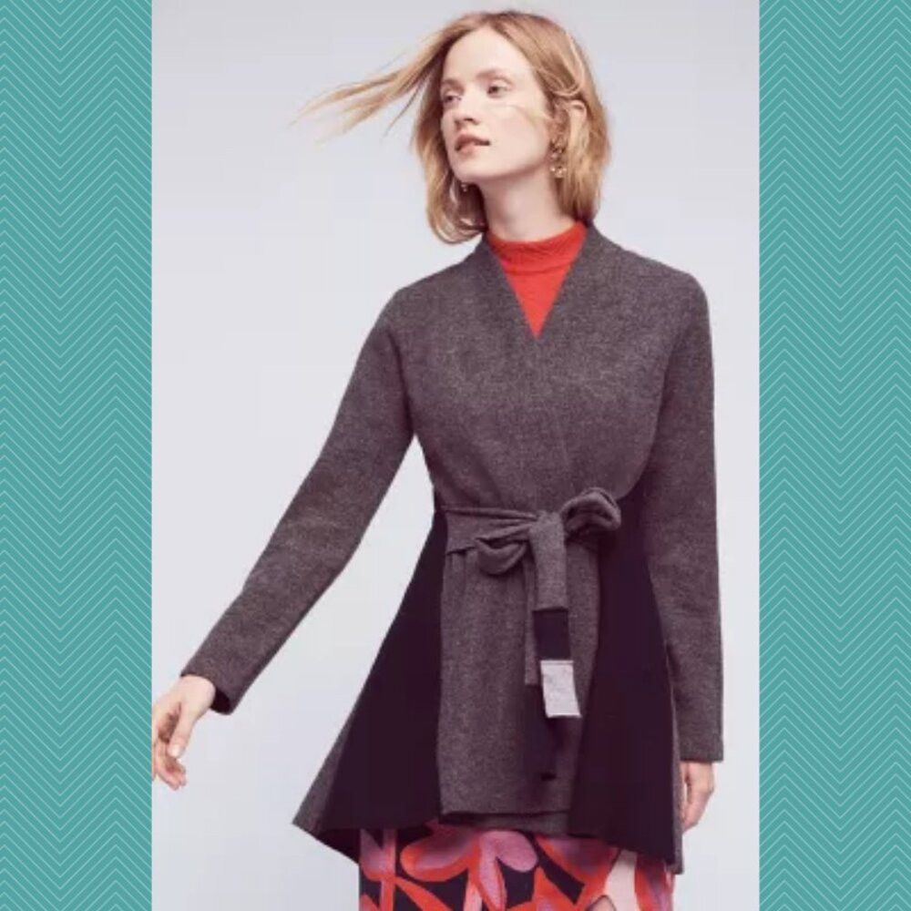 Anthropologie Rosie Neira Navy & Gray 100% Wool Denisse Tie Front Cardiga Size S / US 4 / IT 40 - 4 Thumbnail