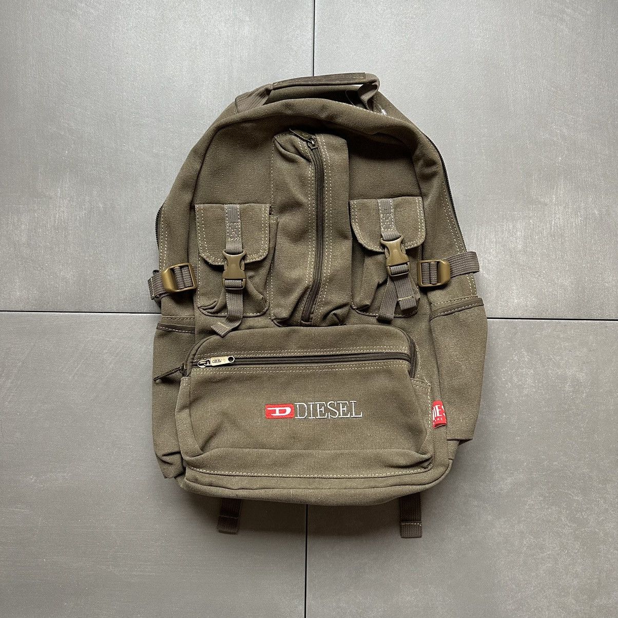 image of Diesel Y2K Multipocket Vintage Bag Backpack 90's in Khaki Raw, Men's
