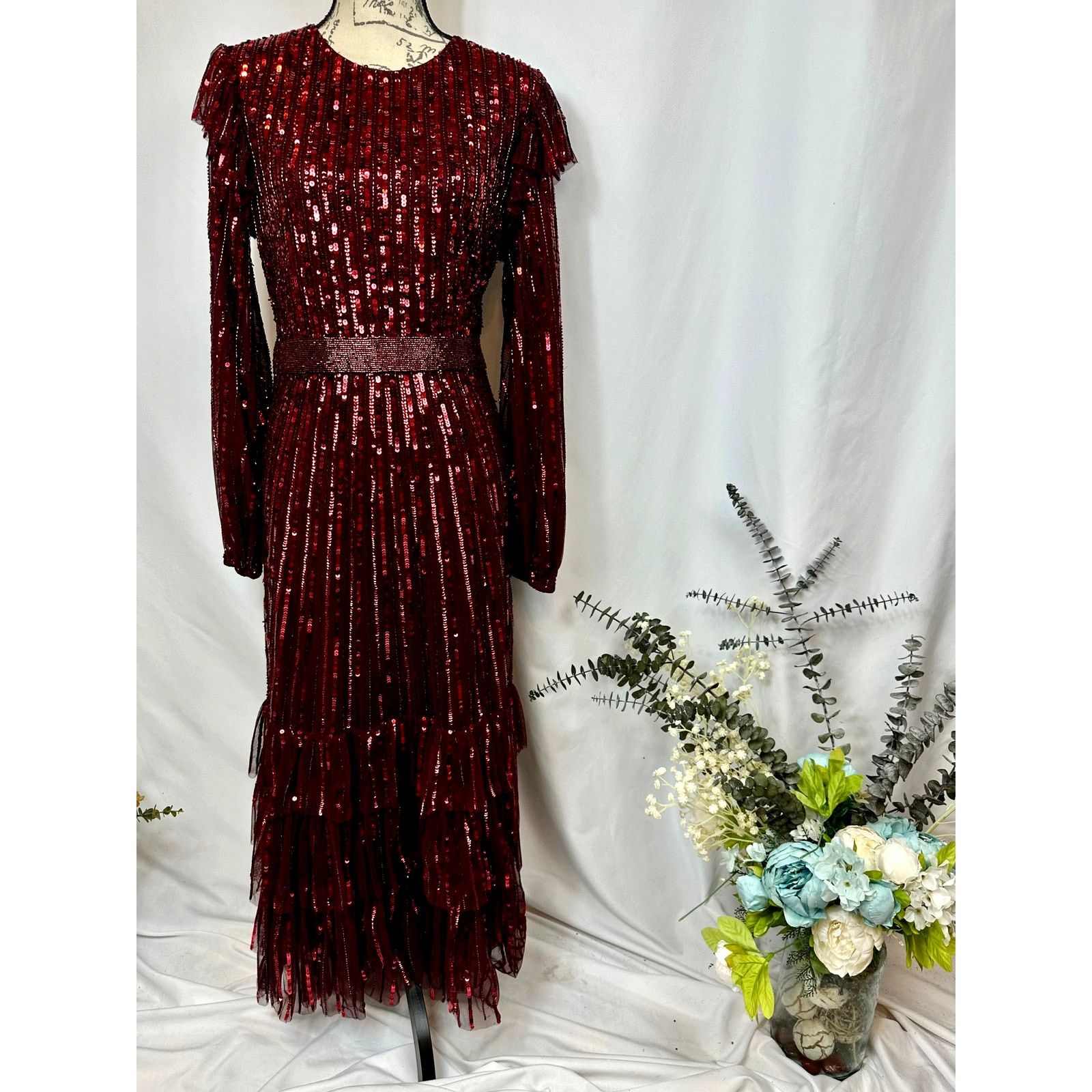Other Mac Duggal Long Sleeve Ruffle Detail Sequin Dress Red 12 Size XL / US 12-14 / IT 48-50 - 5 Thumbnail