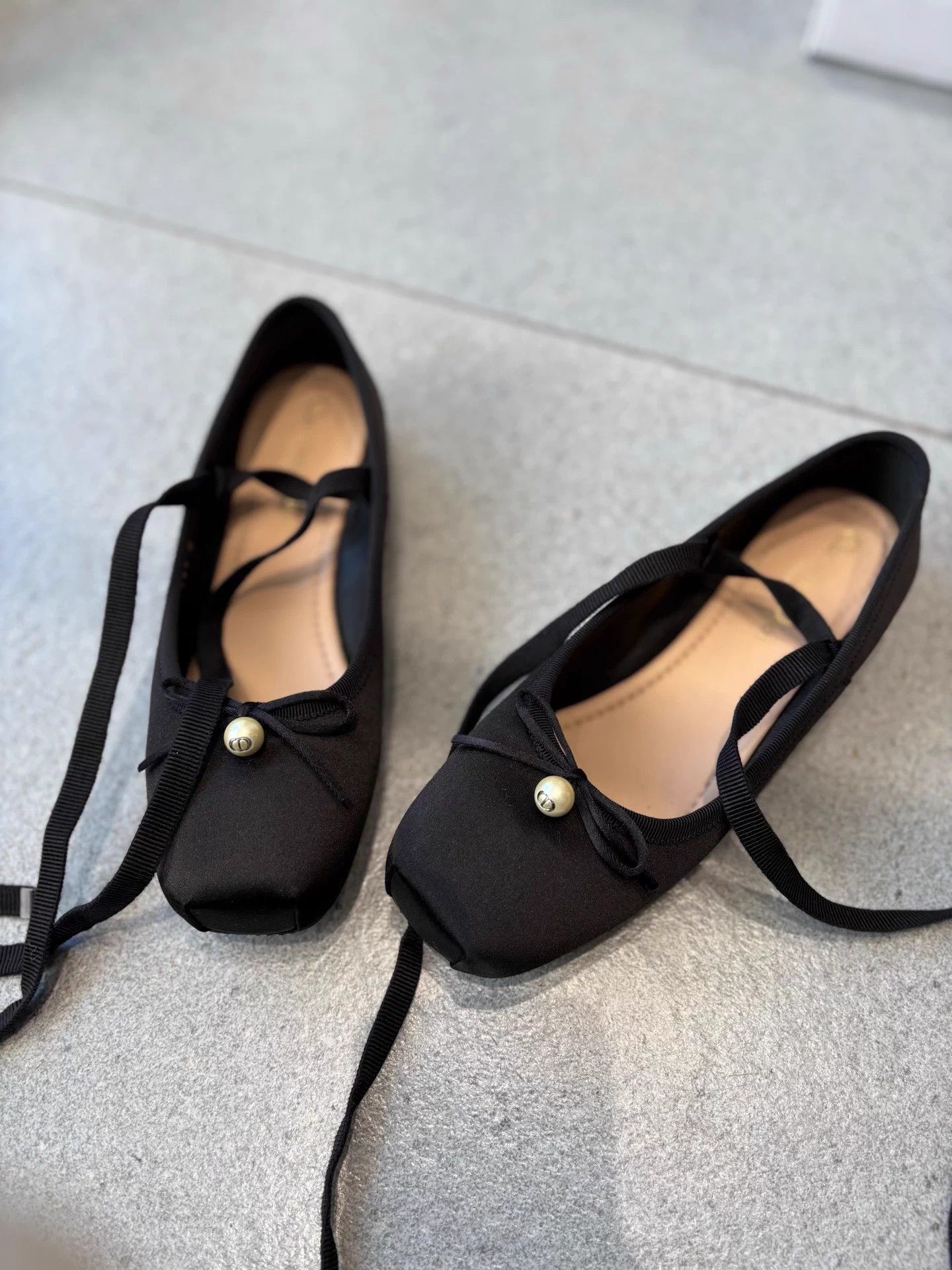 Dior Black Satin Pearl Logo Bow Ballet Flats 36.5