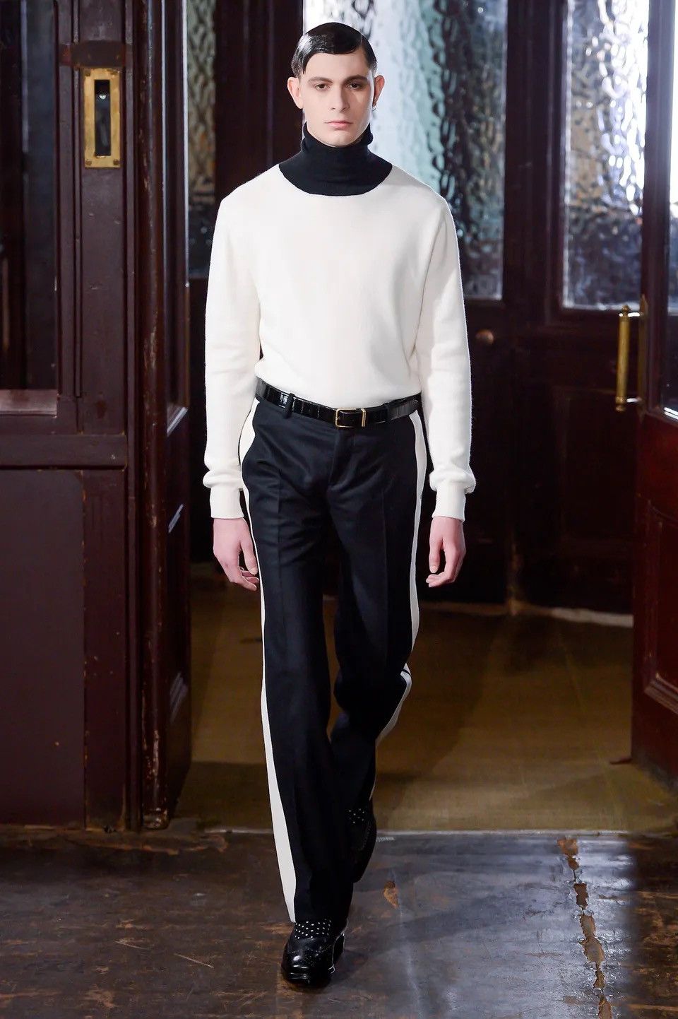AW 2013 Wool Cashmere Black White Pants Side Stripe Trousers
