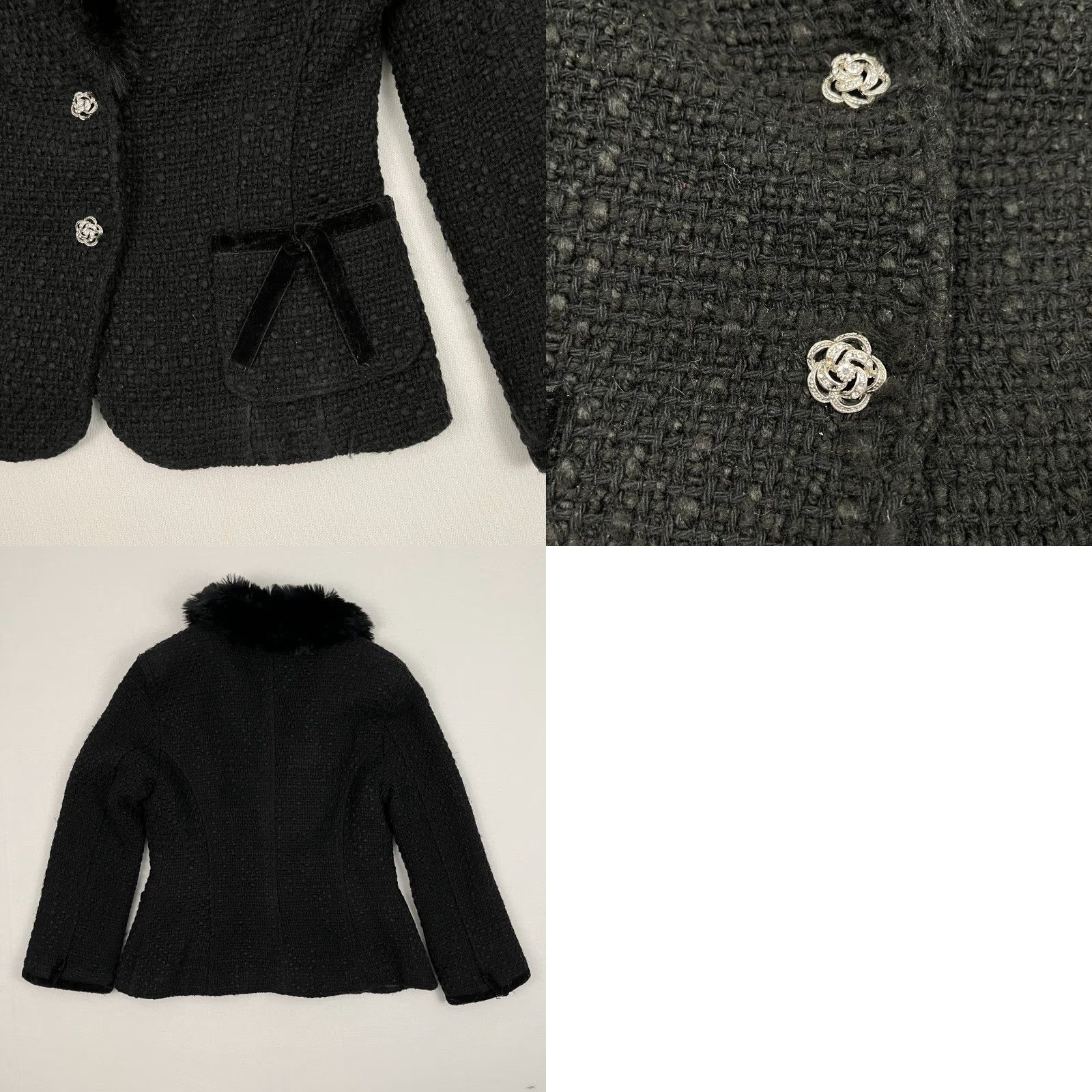 Vintage Cortefiel Jacket Womens 46 Black Tweed Wool Faux Fur Shawl Accent Bow Evening Chic Y2K Size S / US 4 / IT 40 - 8 Thumbnail