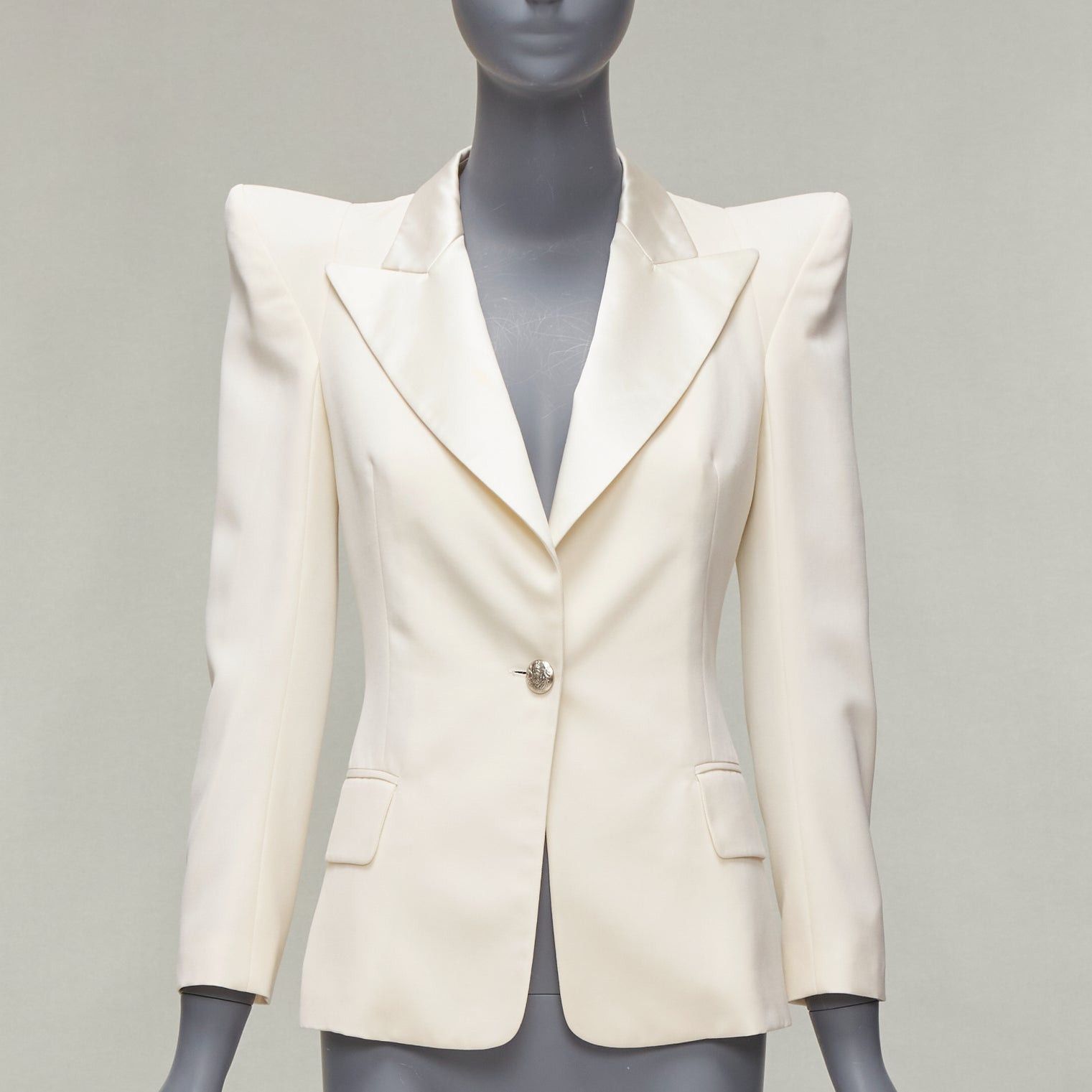 image of Balmain Cream Pagoda Peak Power Shoulder Single Button Tuxedo Jacket Fr38 S, Women's (Size Medium)