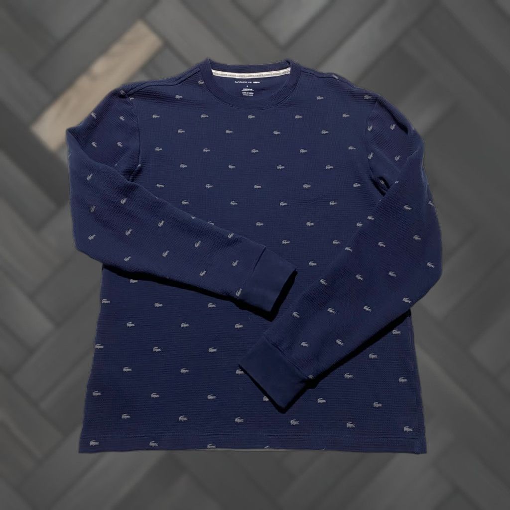 Lacoste Lacoste Pajama Top Sleeper Shirt TH8088 Navy Blue All-Over Croc Logo Print Waffle Knit Long Sleeve Crew Neck Mens S Size US S / EU 44-46 / 1 - 1 Thumbnail