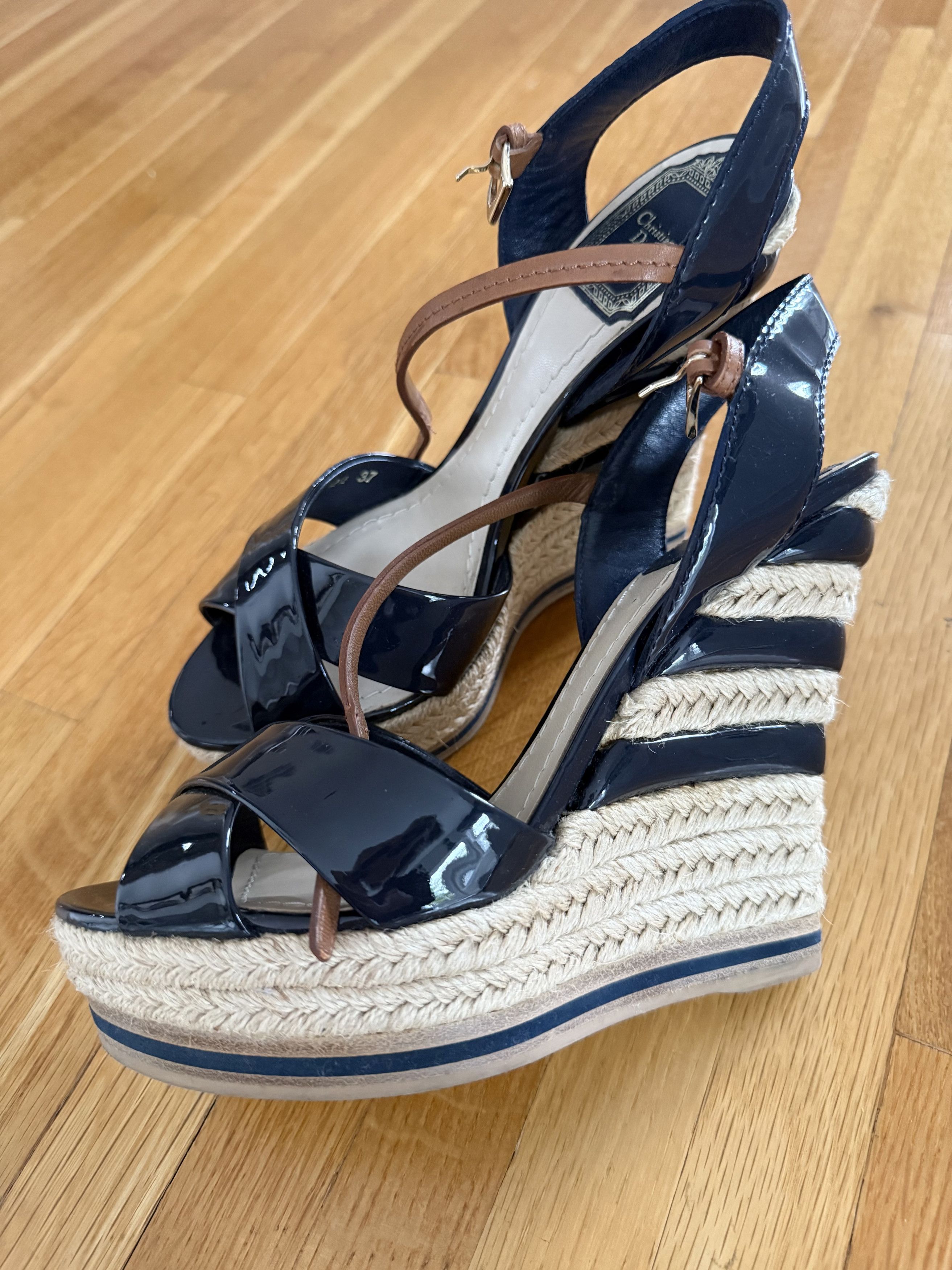 Christian Dior Monsieur Christian Dior Espadrille Wedge Sandals Navy Patent Leather Size US 7 / IT 37 - 3 Thumbnail