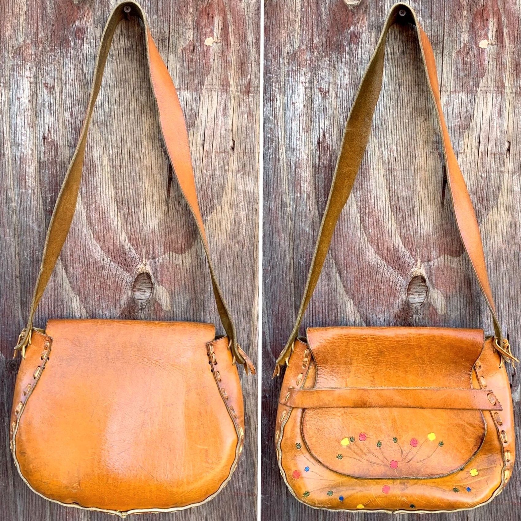 Vintage VINTAGE Leather Purse Tooled Floral Painted Shoulder Bag Hippie Chic Boho Hippy Women Brown 1970s Size ONE SIZE - 2 Thumbnail