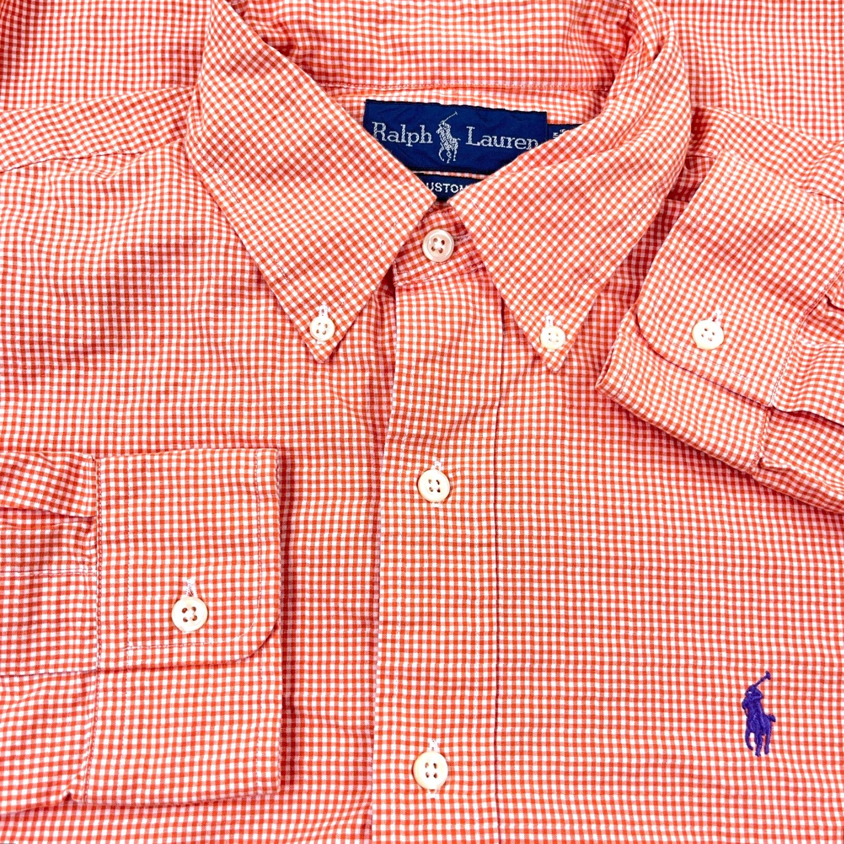 Ralph Lauren Ralph Lauren Shirt Men Medium Orange Button-Up Custom Fit Gingham Poplin Dress Shirt Size 40R - 2 Thumbnail