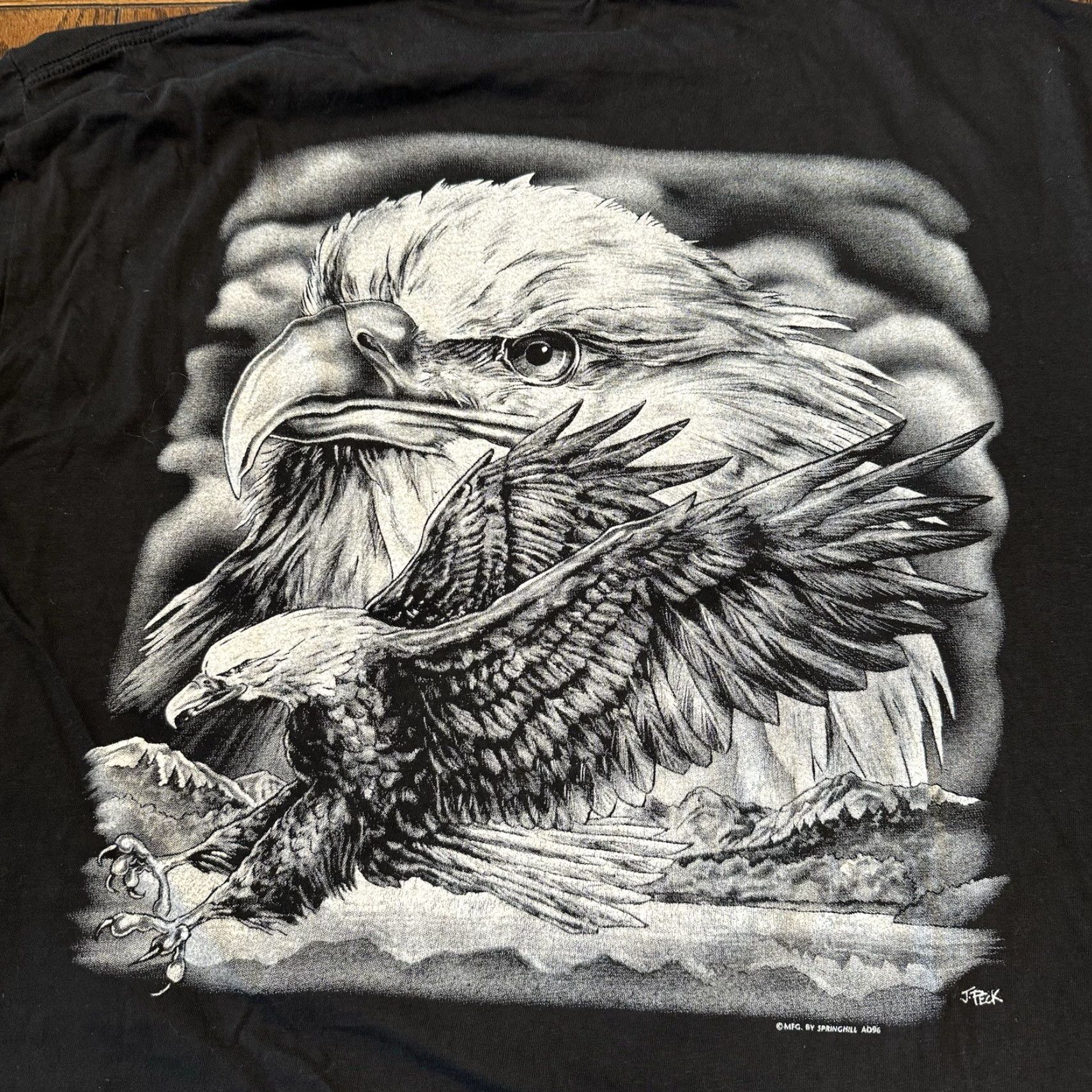 Vintage VINTAGE Thunder Sportswear J. Peck Springhill Bald Eagle Birds Of Prey Graphic Print T Shirt 2XL Black Mens Size US XXL / EU 58 / 5 - 7 Thumbnail