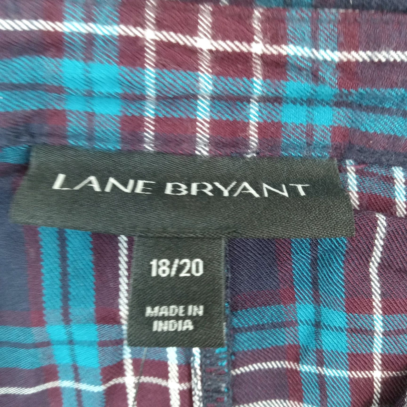Vintage Lane Bryant Plaid Blouse Womens 18/20 Long Sleeve Elastic Waist Button Purple Blue Rayon Size XXL / US 16-18 / IT 52-54 - 5 Thumbnail