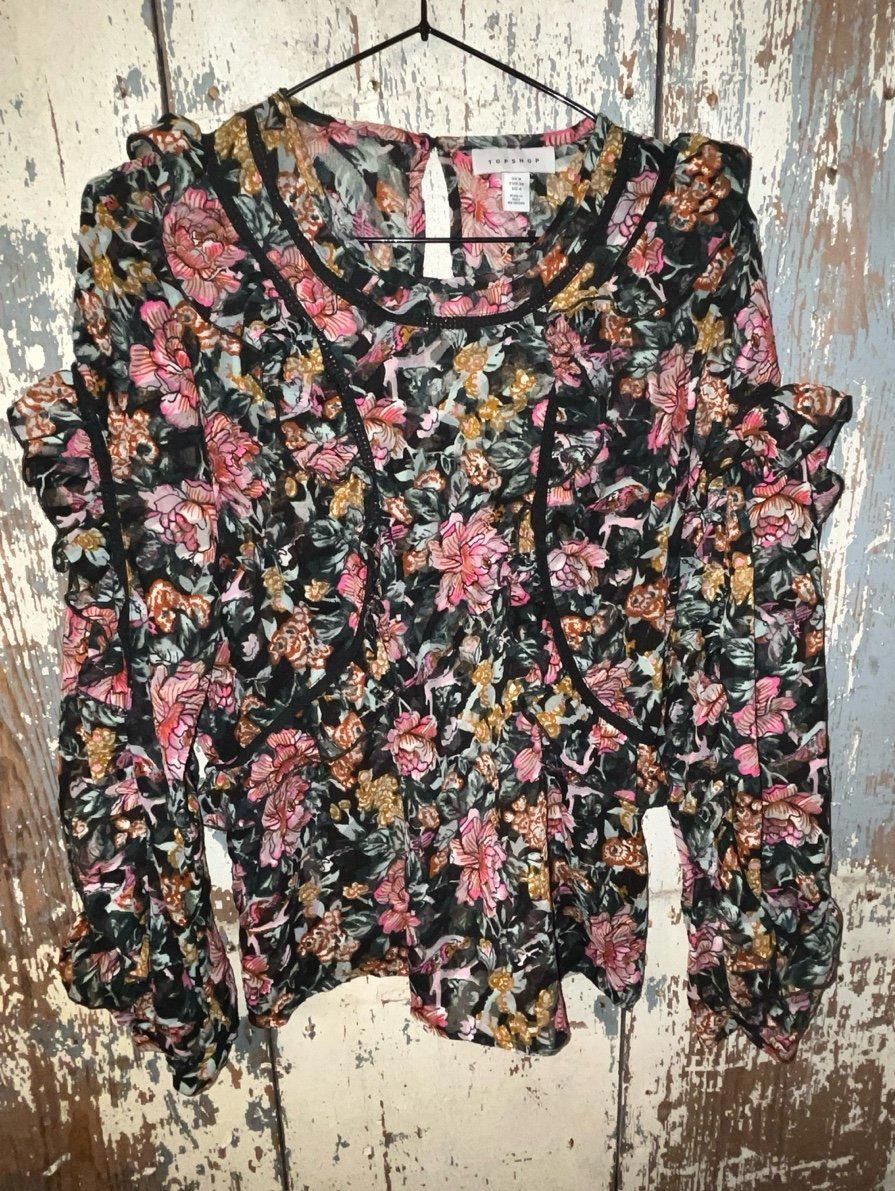 Topshop TopShop Floral blouse, long sleeve, ruffles, size 4 Small Size S / US 4 / IT 40 - 1 Thumbnail